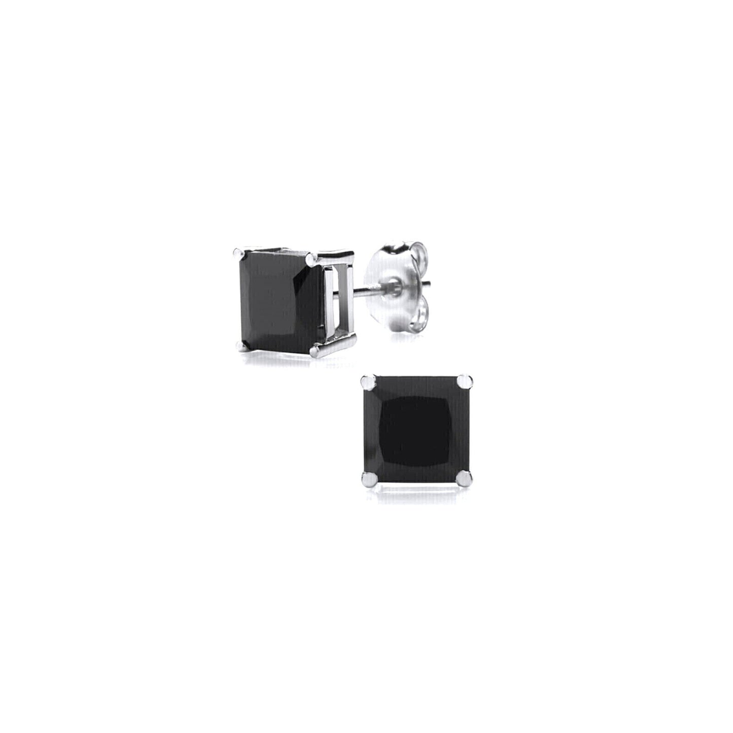 Sterling Silver Princess Cut Square CZ Unsiex Stud Earrings in Black and White, 2.5-10mm