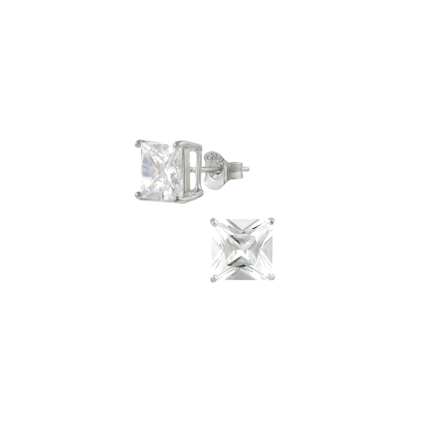 Sterling Silver Princess Cut Square CZ Unsiex Stud Earrings in Black and White, 2.5-10mm