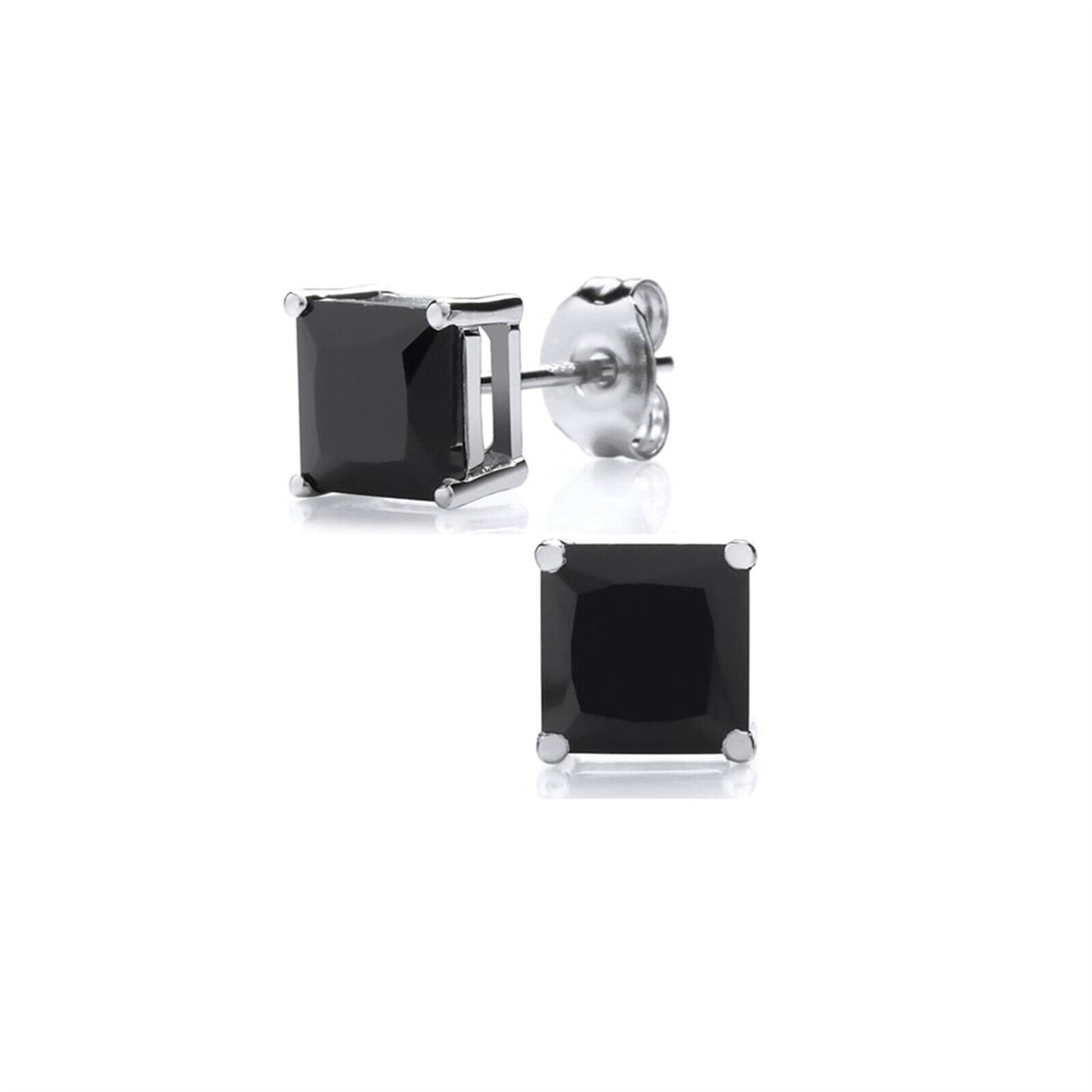 Sterling Silver Princess Cut Square CZ Unsiex Stud Earrings in Black and White, 2.5-10mm