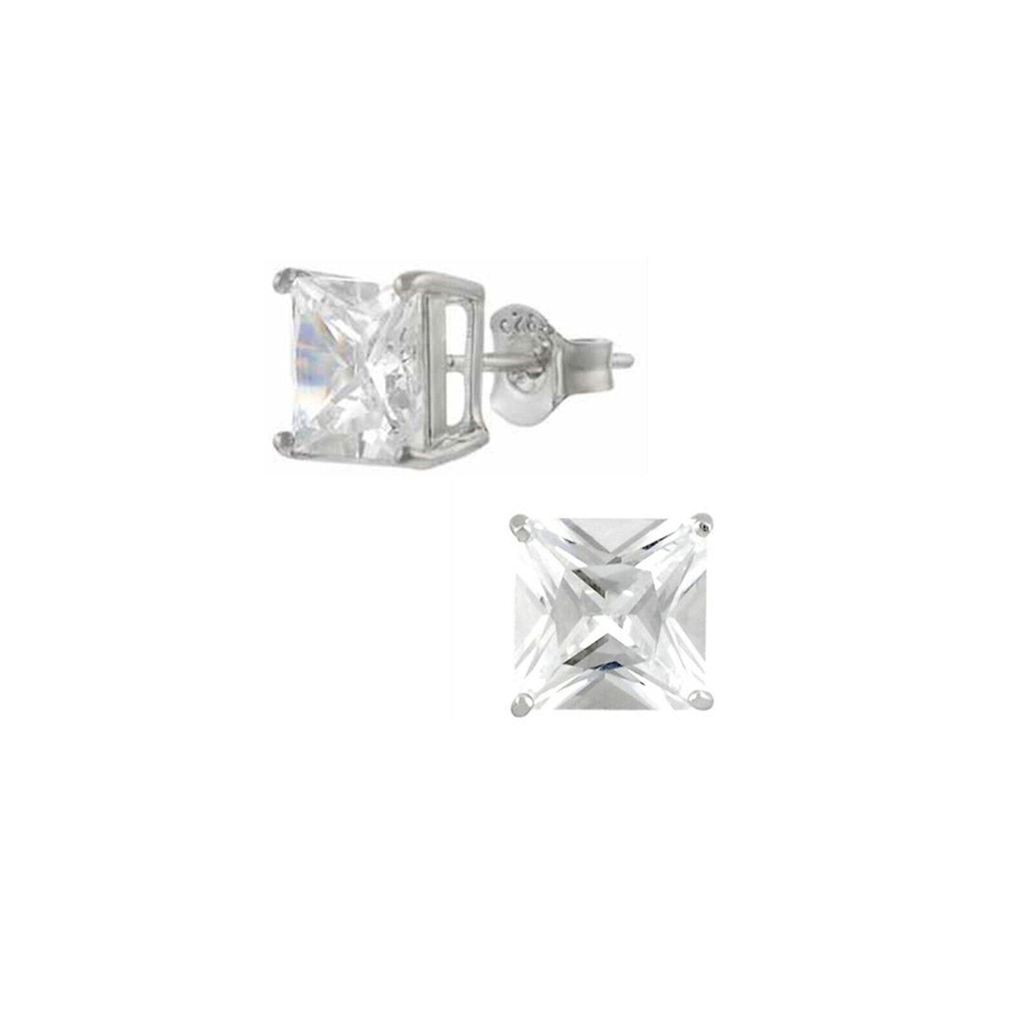 Sterling Silver Princess Cut Square CZ Unsiex Stud Earrings in Black and White, 2.5-10mm
