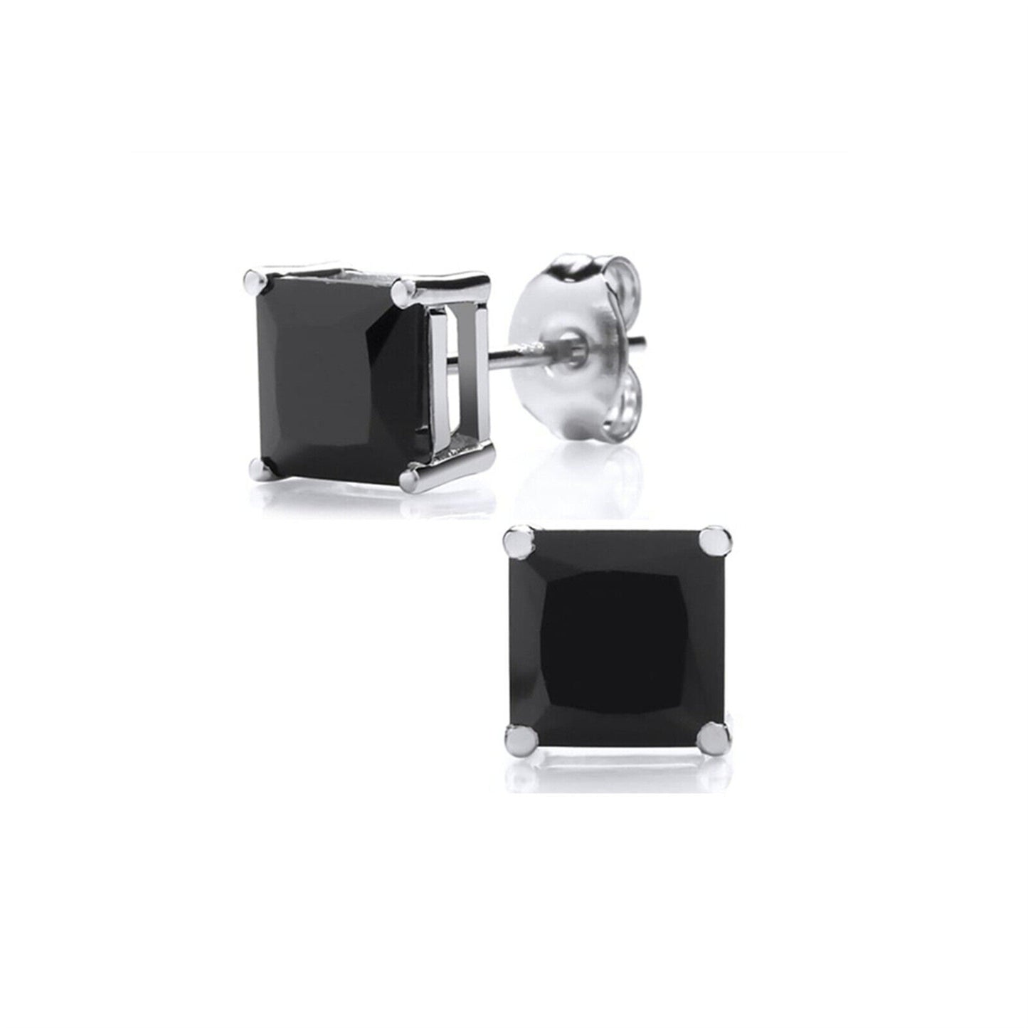 Sterling Silver Princess Cut Square CZ Unsiex Stud Earrings in Black and White, 2.5-10mm