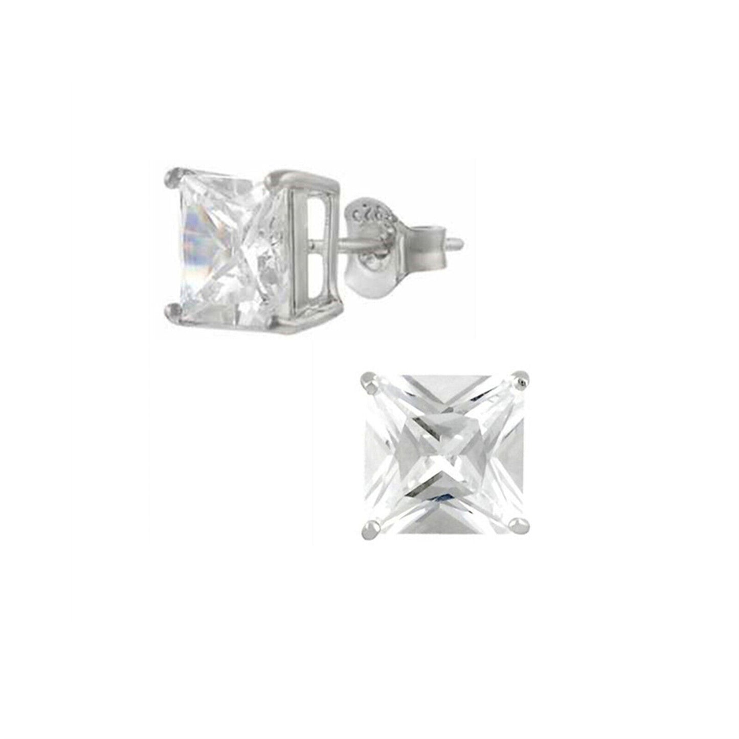 Sterling Silver Princess Cut Square CZ Unsiex Stud Earrings in Black and White, 2.5-10mm