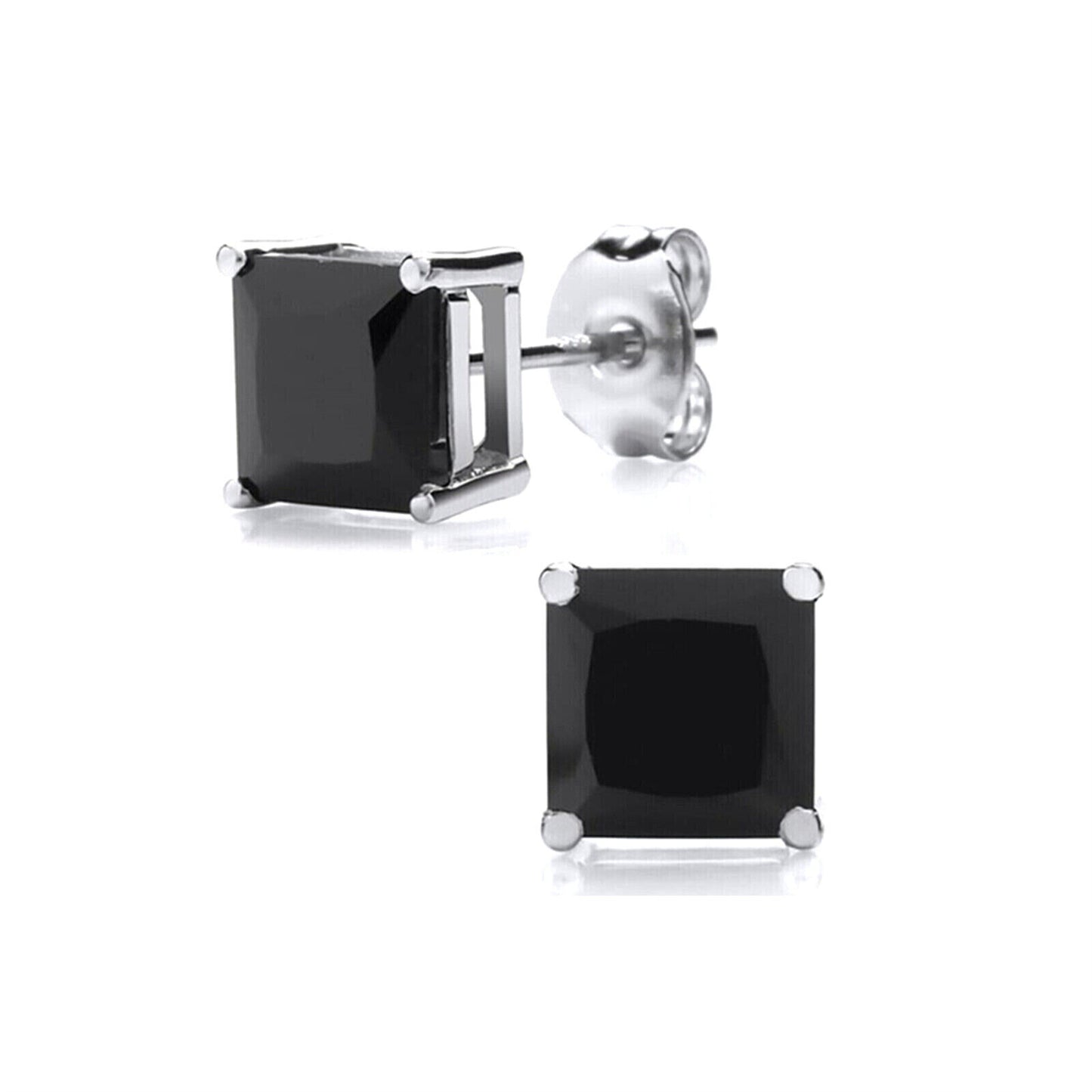 Sterling Silver Princess Cut Square CZ Unsiex Stud Earrings in Black and White, 2.5-10mm