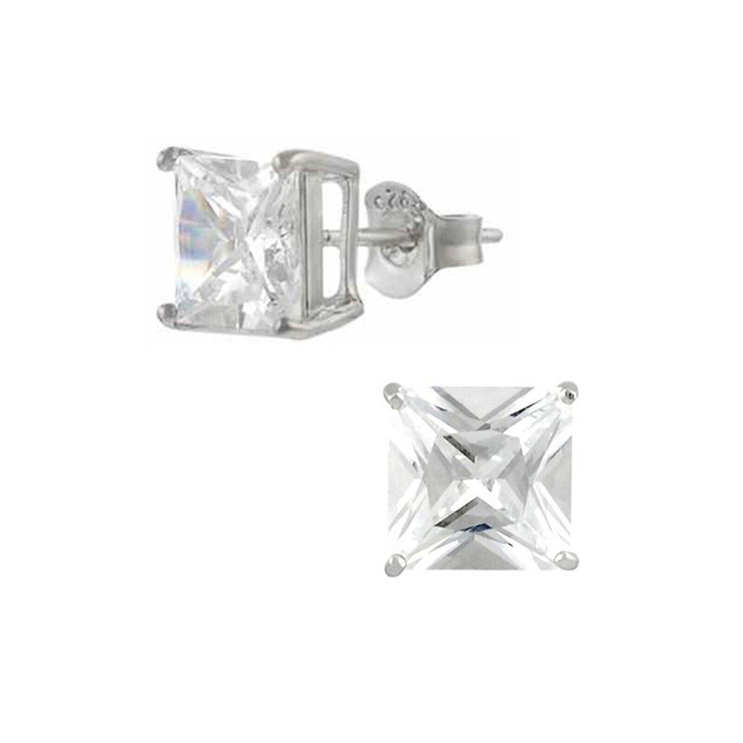 Sterling Silver Princess Cut Square CZ Unsiex Stud Earrings in Black and White, 2.5-10mm