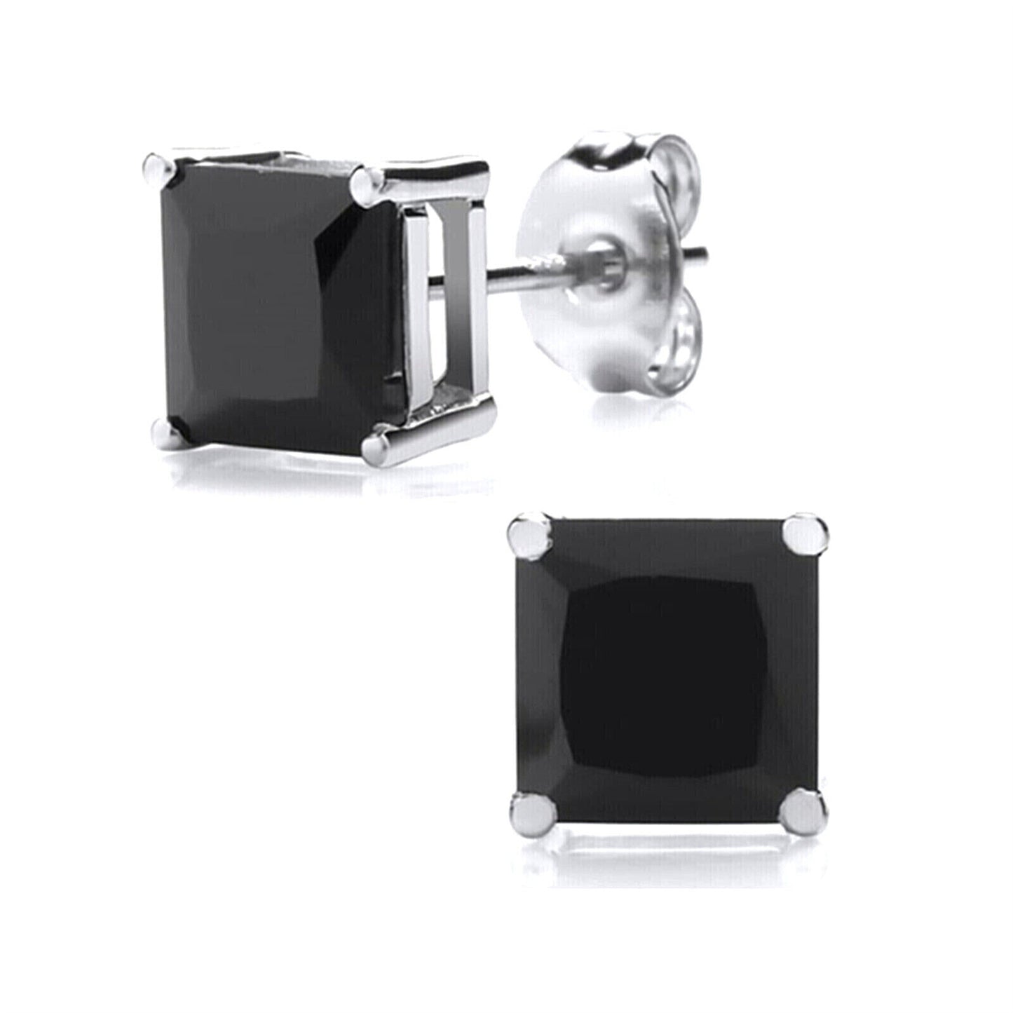 Sterling Silver Princess Cut Square CZ Unsiex Stud Earrings in Black and White, 2.5-10mm