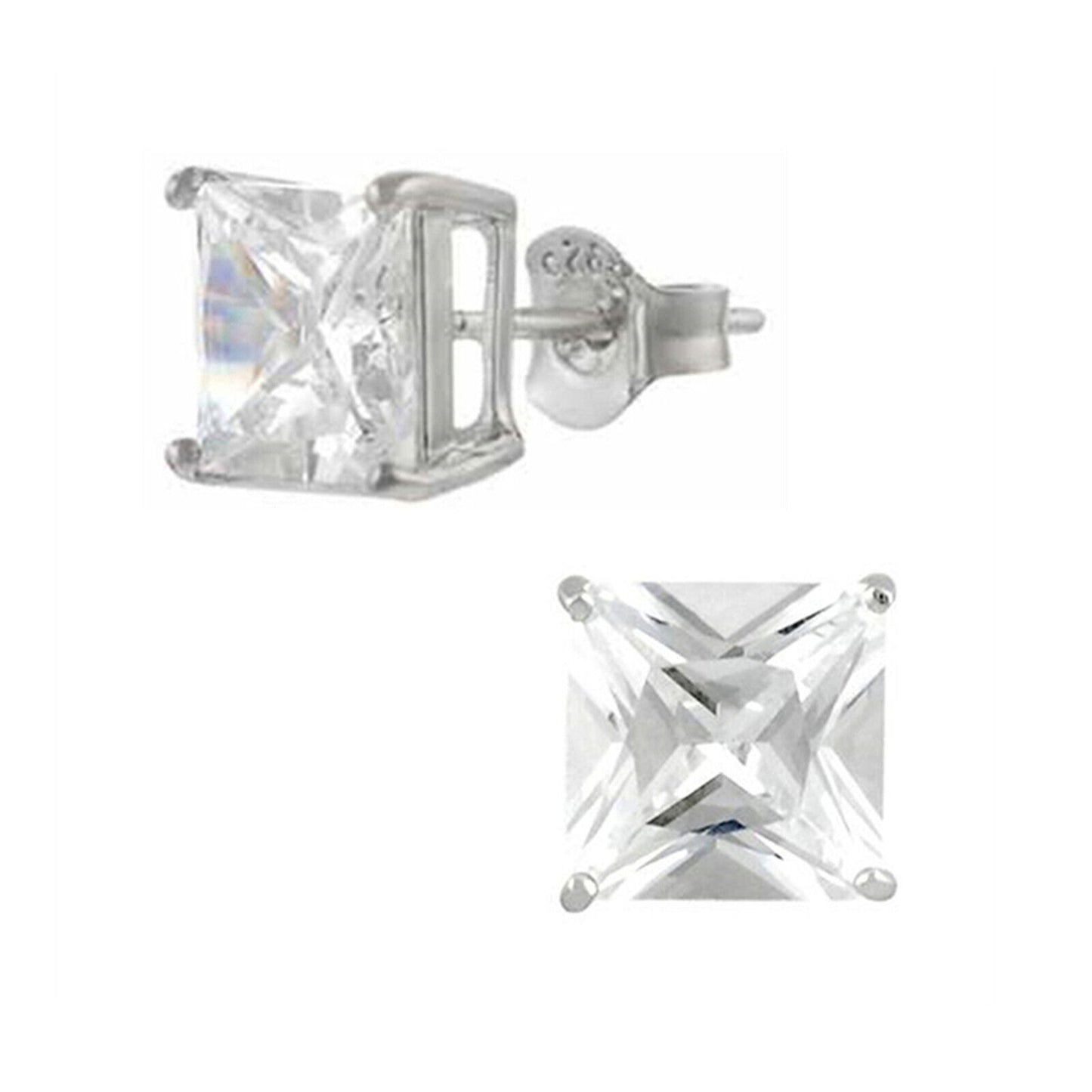 Sterling Silver Princess Cut Square CZ Unsiex Stud Earrings in Black and White, 2.5-10mm