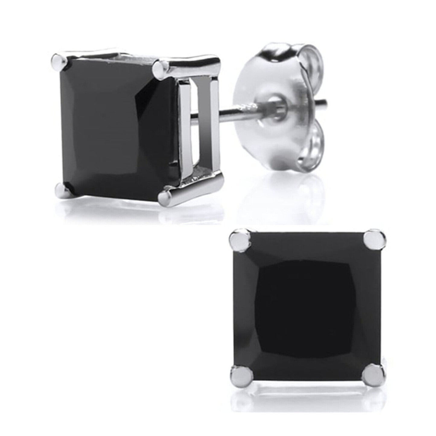 Sterling Silver Princess Cut Square CZ Unsiex Stud Earrings in Black and White, 2.5-10mm