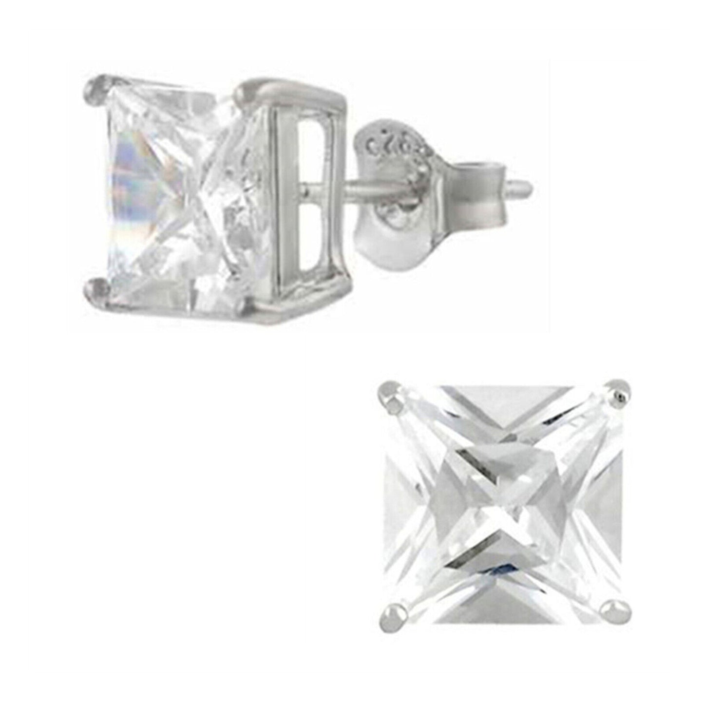 Sterling Silver Princess Cut Square CZ Unsiex Stud Earrings in Black and White, 2.5-10mm