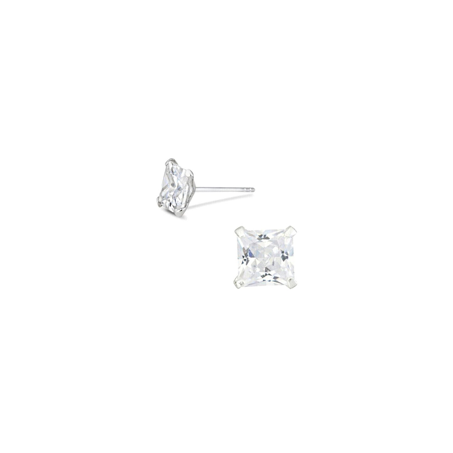 Sterling Silver Princess Cut Square CZ Unsiex Stud Earrings in Black and White, 2.5-10mm