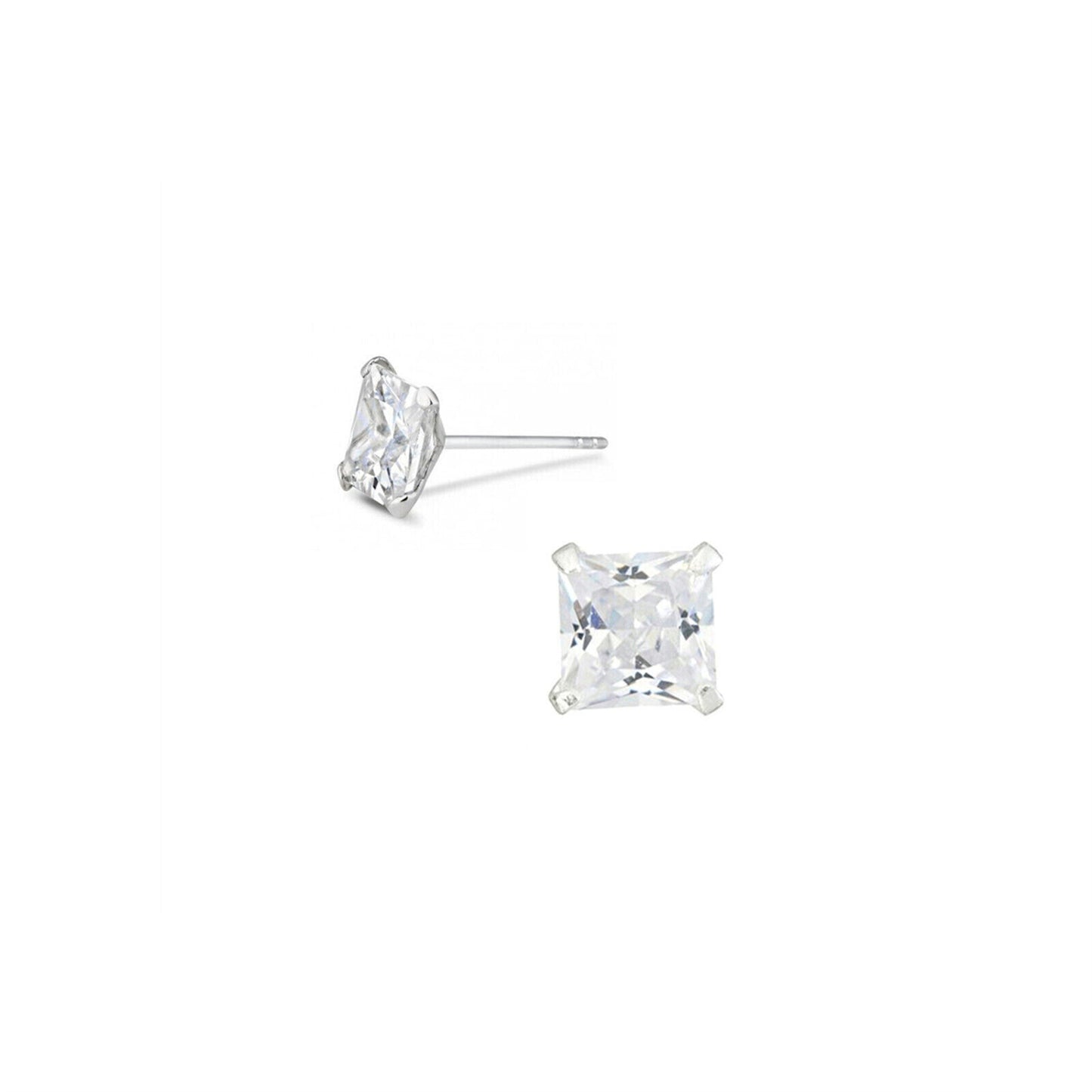 Sterling Silver Princess Cut Square CZ Unsiex Stud Earrings in Black and White, 2.5-10mm
