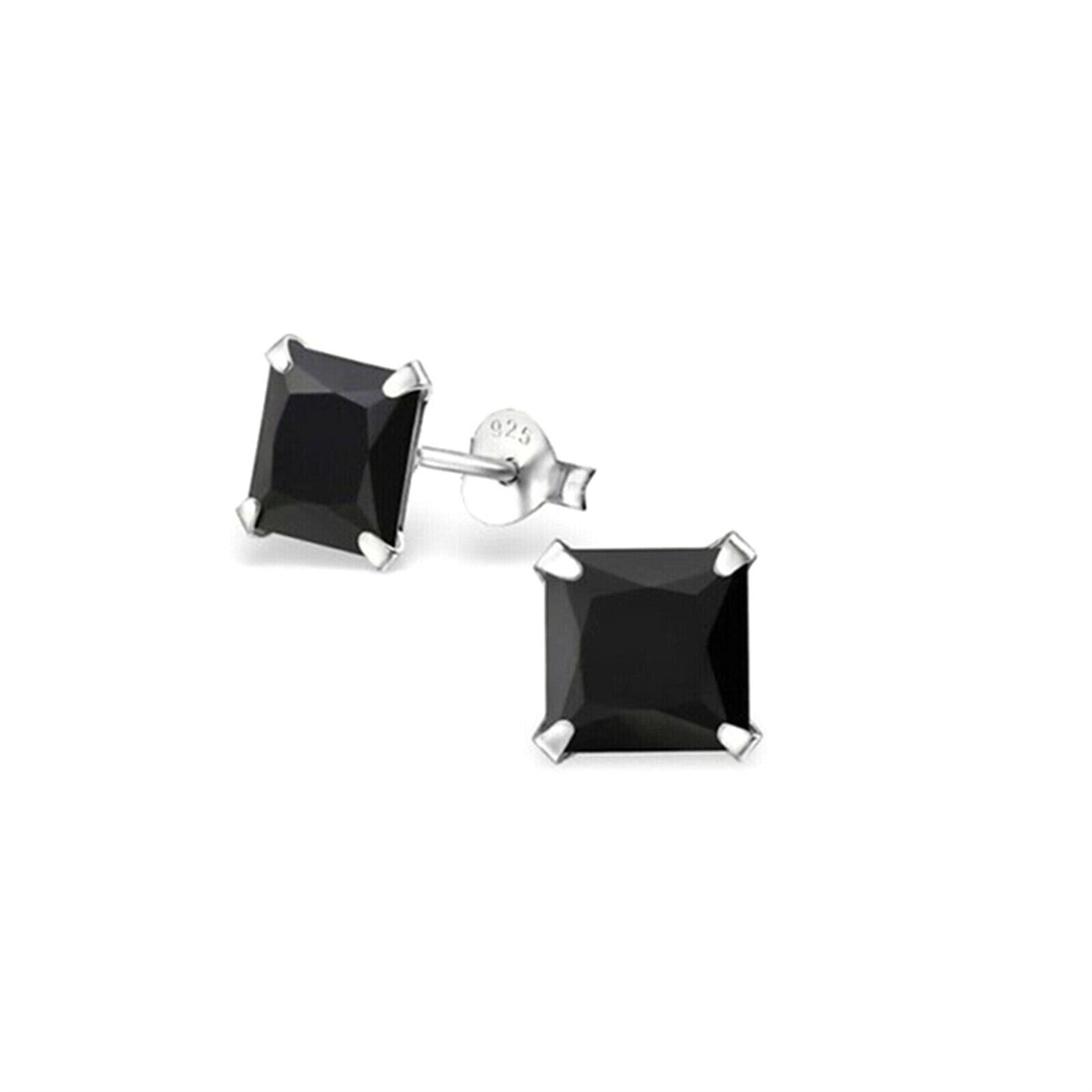 Sterling Silver Princess Cut Square CZ Unsiex Stud Earrings in Black and White, 2.5-10mm