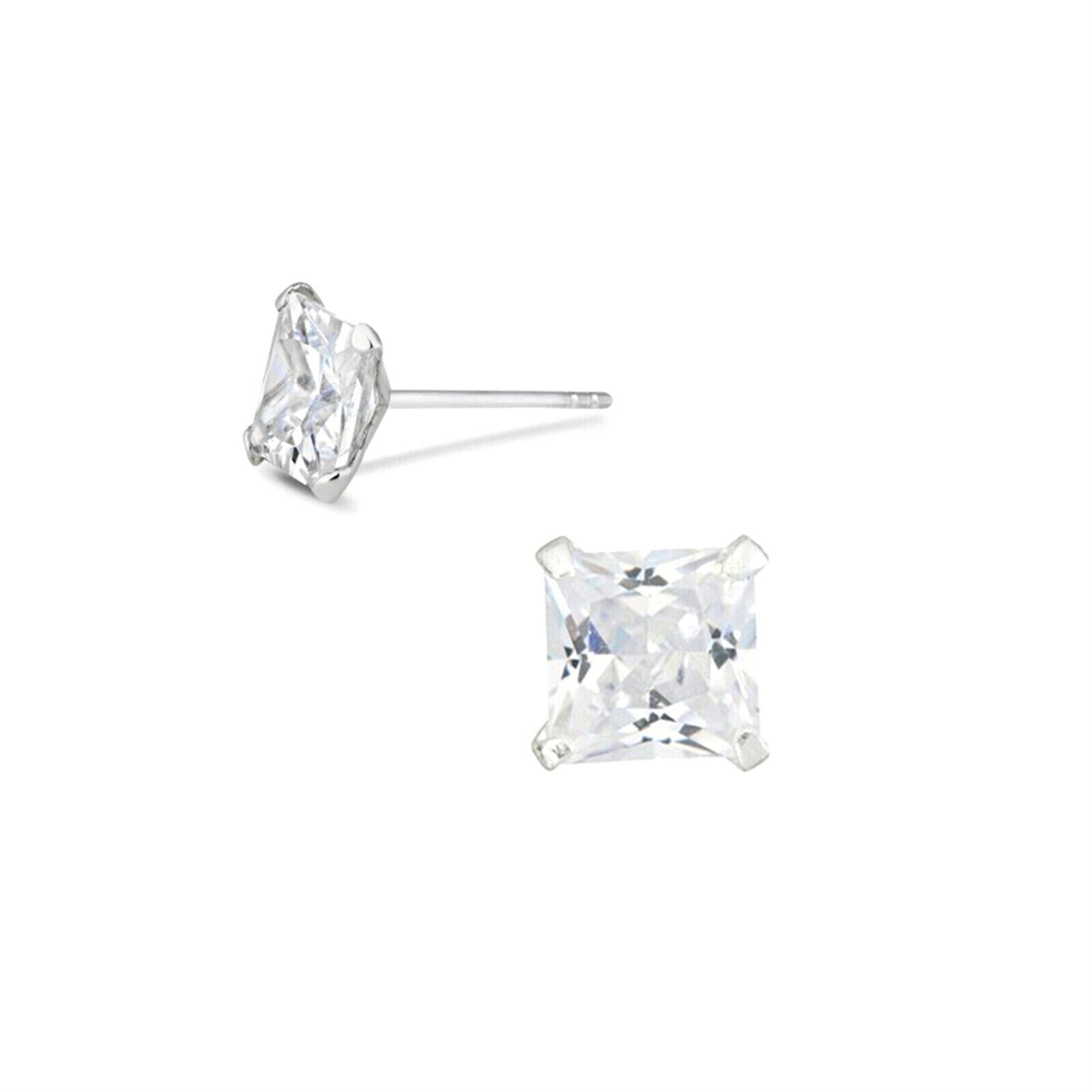 Sterling Silver Princess Cut Square CZ Unsiex Stud Earrings in Black and White, 2.5-10mm