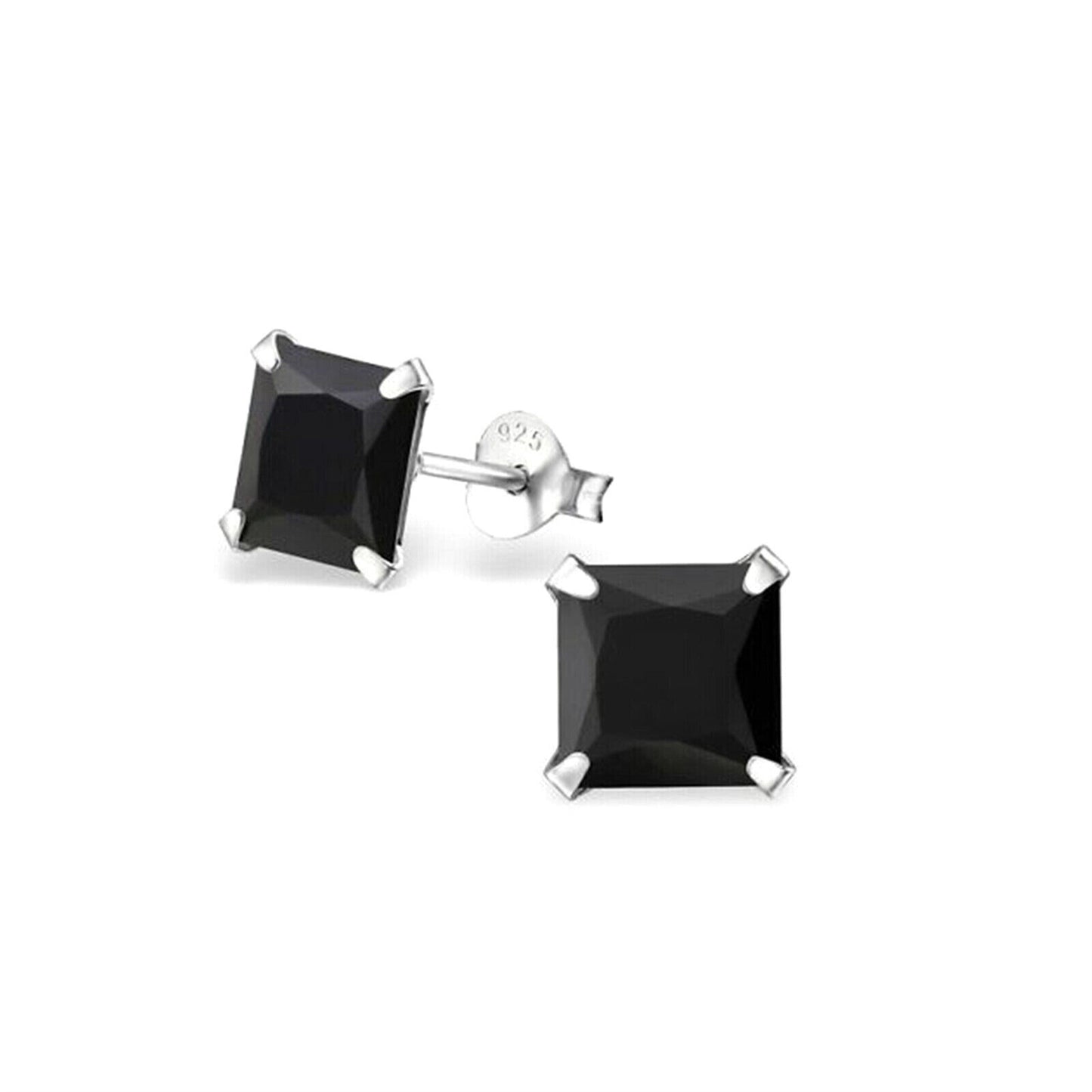 Sterling Silver Princess Cut Square CZ Unsiex Stud Earrings in Black and White, 2.5-10mm