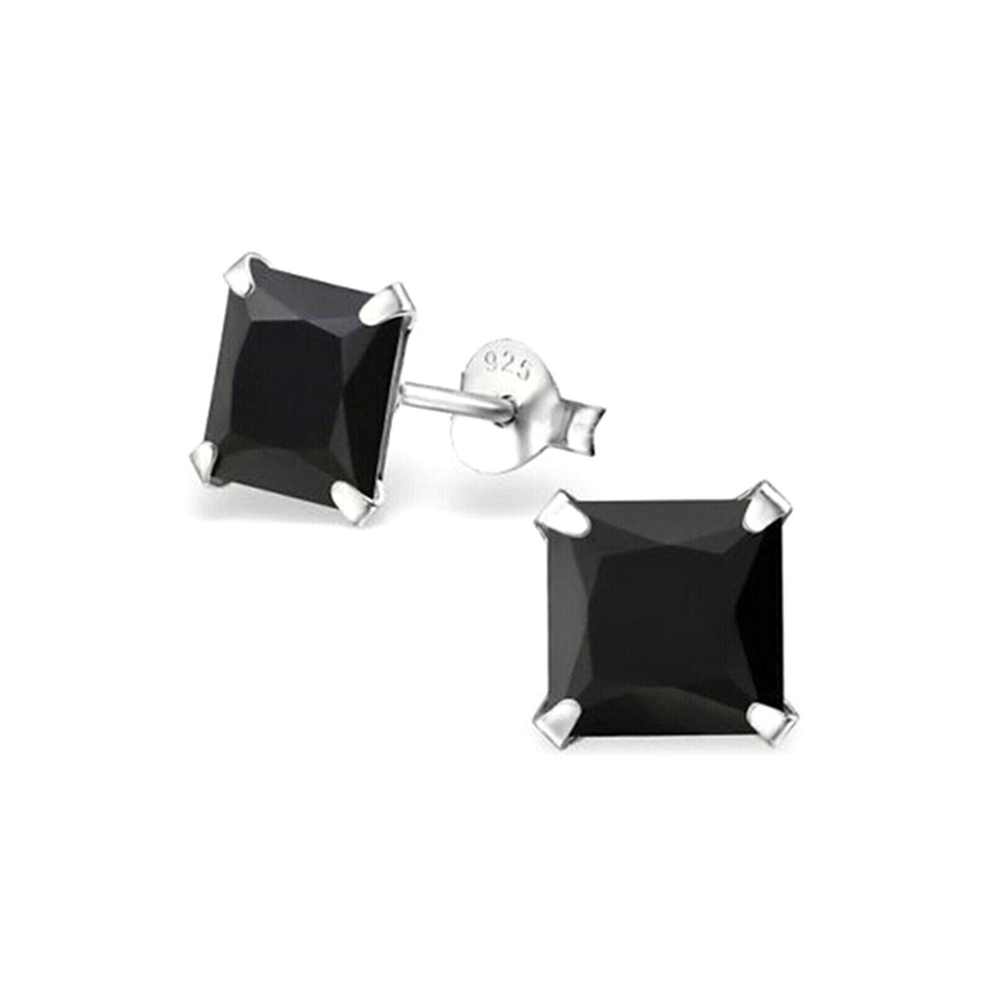 Sterling Silver Princess Cut Square CZ Unsiex Stud Earrings in Black and White, 2.5-10mm