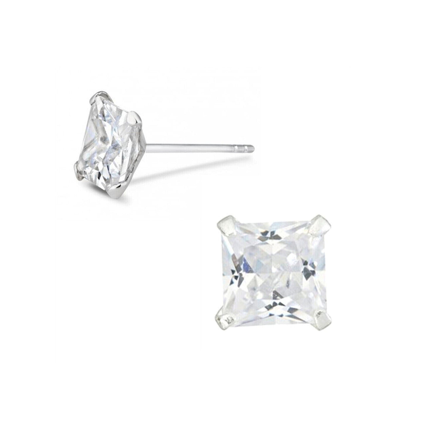 Sterling Silver Princess Cut Square CZ Unsiex Stud Earrings in Black and White, 2.5-10mm