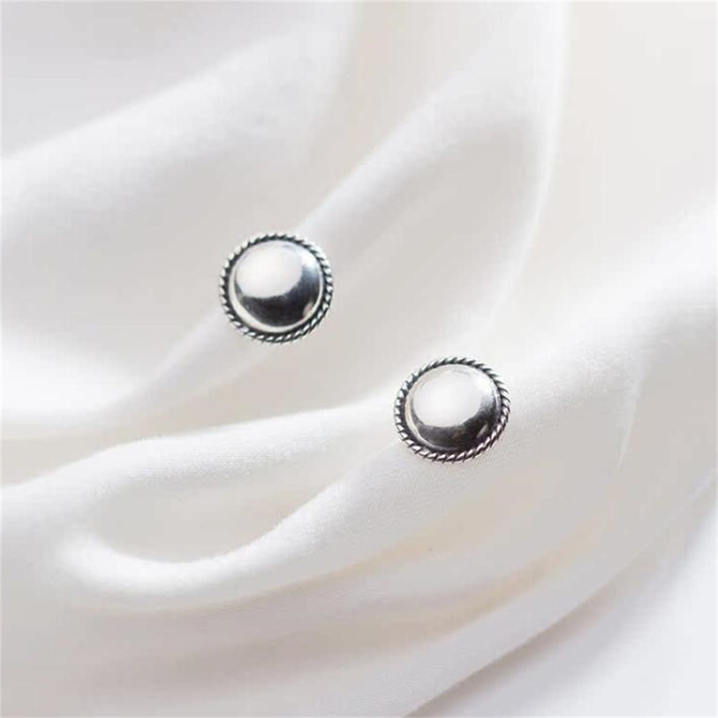 Sterling Silver Oxidized 10mm Dome Dot Stud Half Ball Twist Knot Edged Earrings