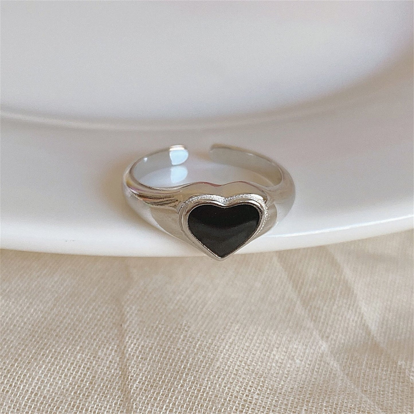 Sterling Silver Black Glazed Love Sweetheart Wishbone Signet Ring - sugarkittenlondon
