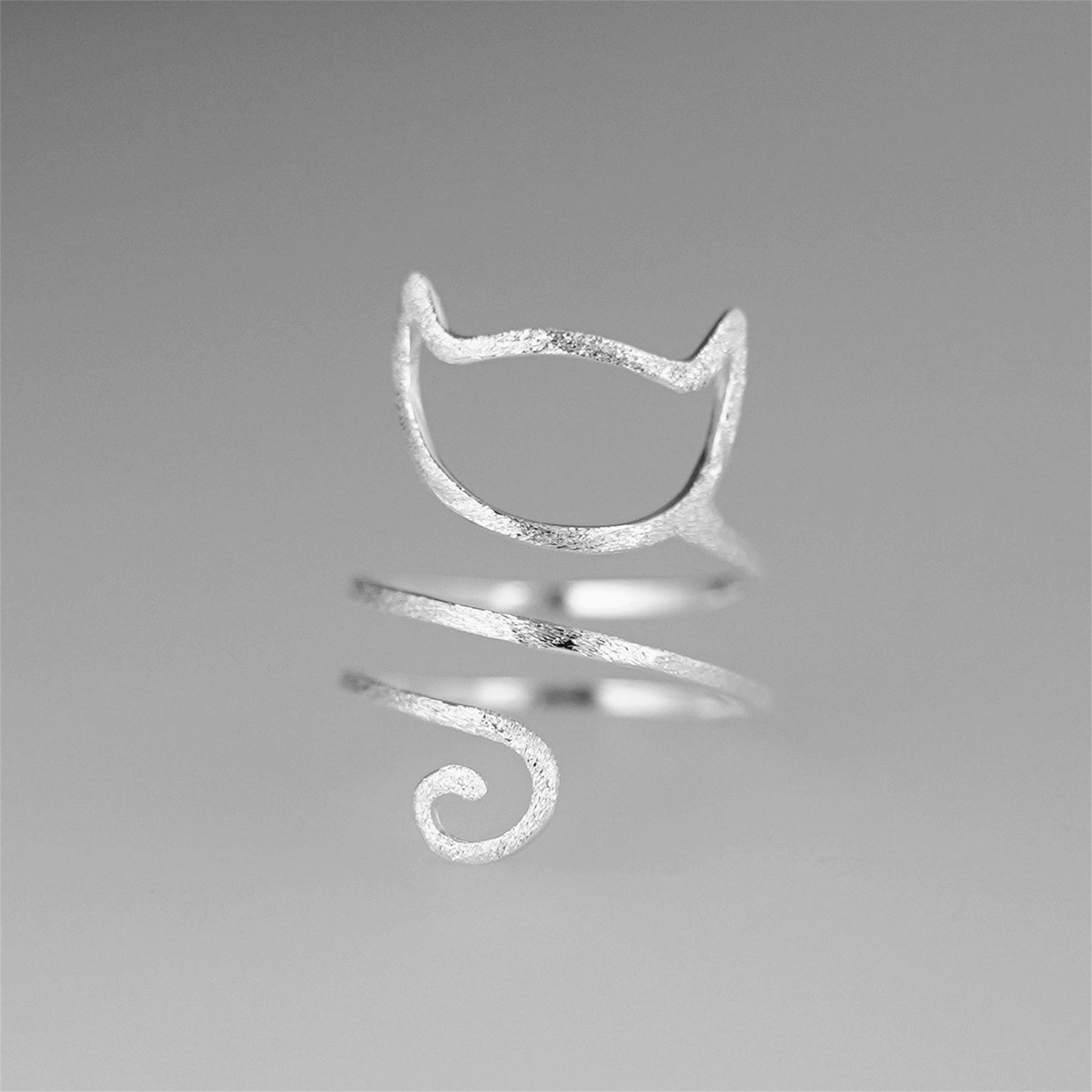 Sterling Silver Hollow Cat Kitten Long Tail Wrap Ring UK Size M Adjustable - sugarkittenlondon