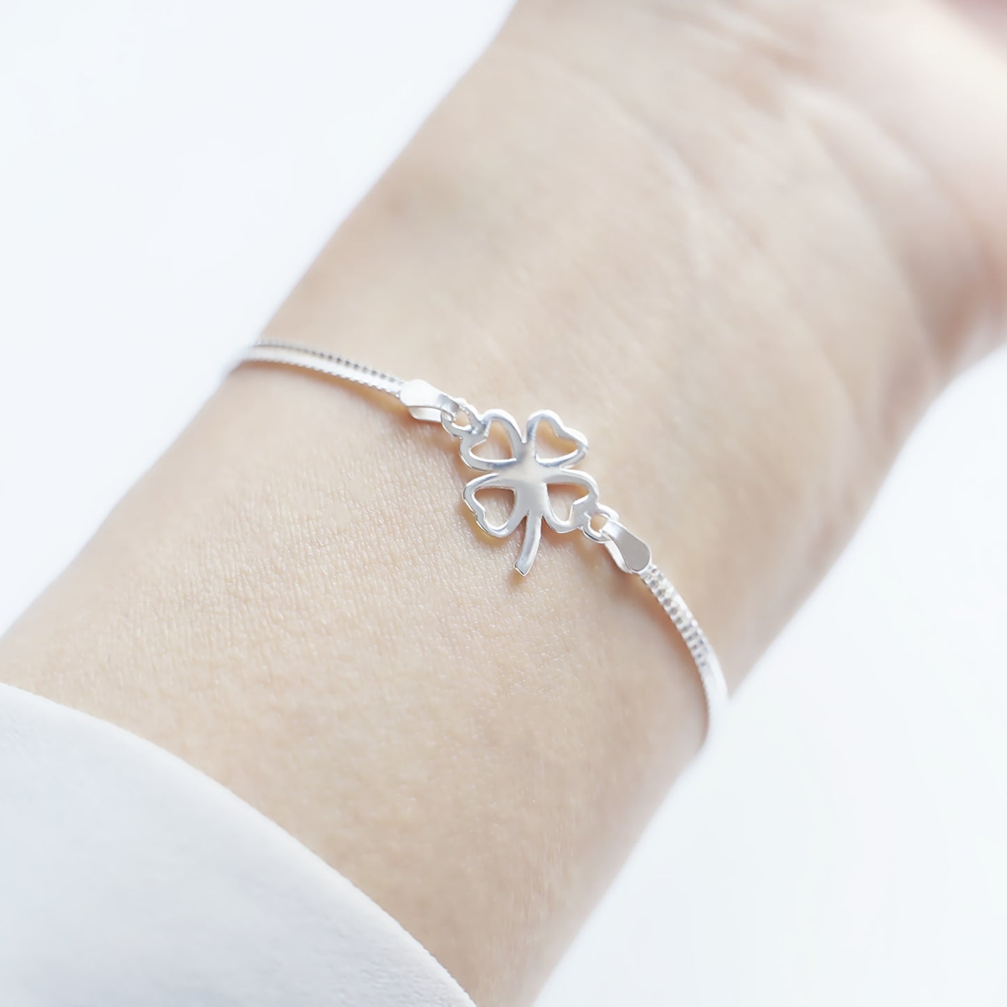 Sterling Silver Lucky Clover Love Hearts Shamrock with Double Box Chain Bracelet