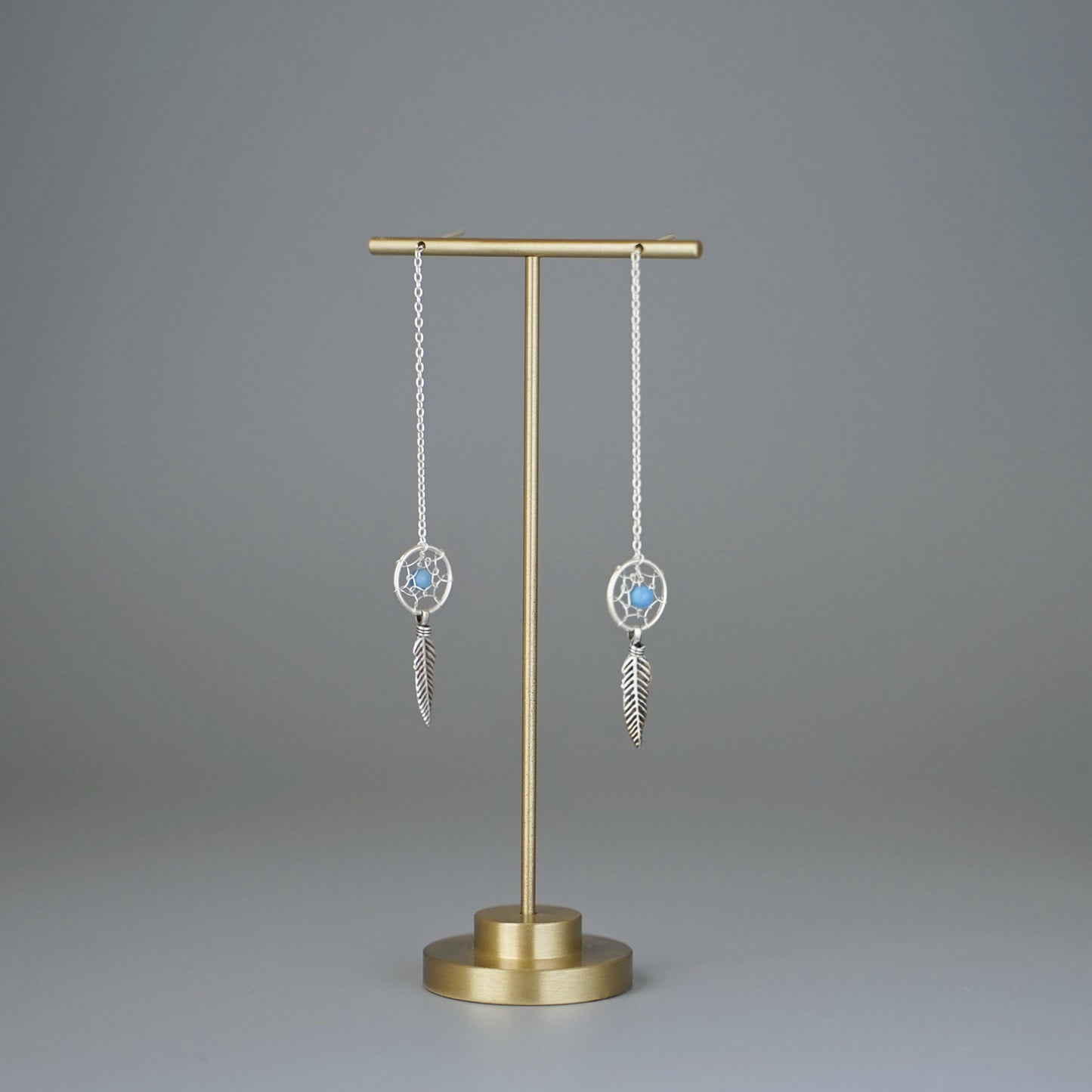 Sterling Silver Oxidized Dream Catcher Wing Feather Bead Ball Threader Earrings - Thread Ball Earrings