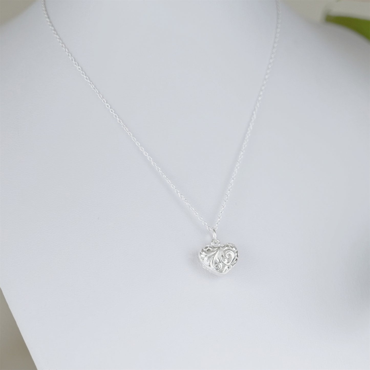 Sterling Silver Filigree Floral Puffy Love Heart Pendant 14 x 12mm - sugarkittenlondon