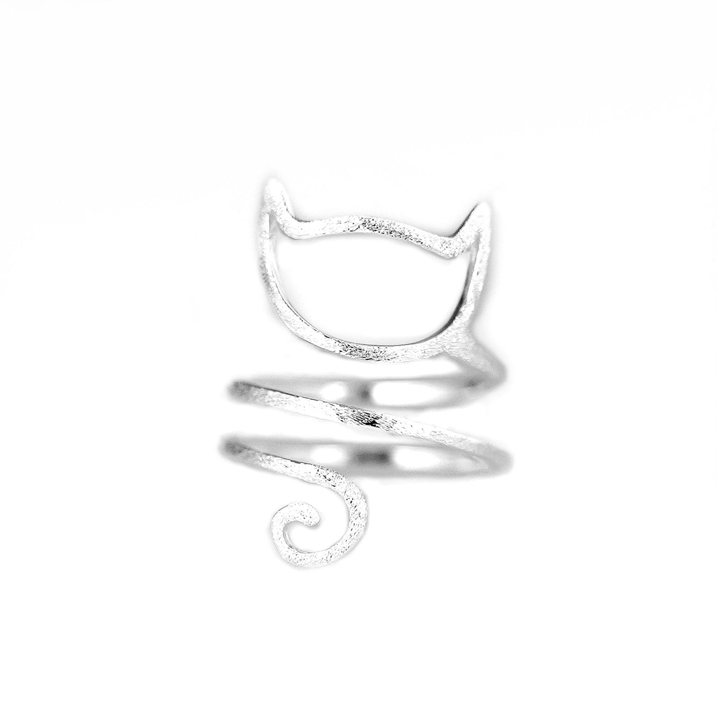 Sterling Silver Hollow Cat Kitten Long Tail Wrap Ring UK Size M Adjustable - sugarkittenlondon