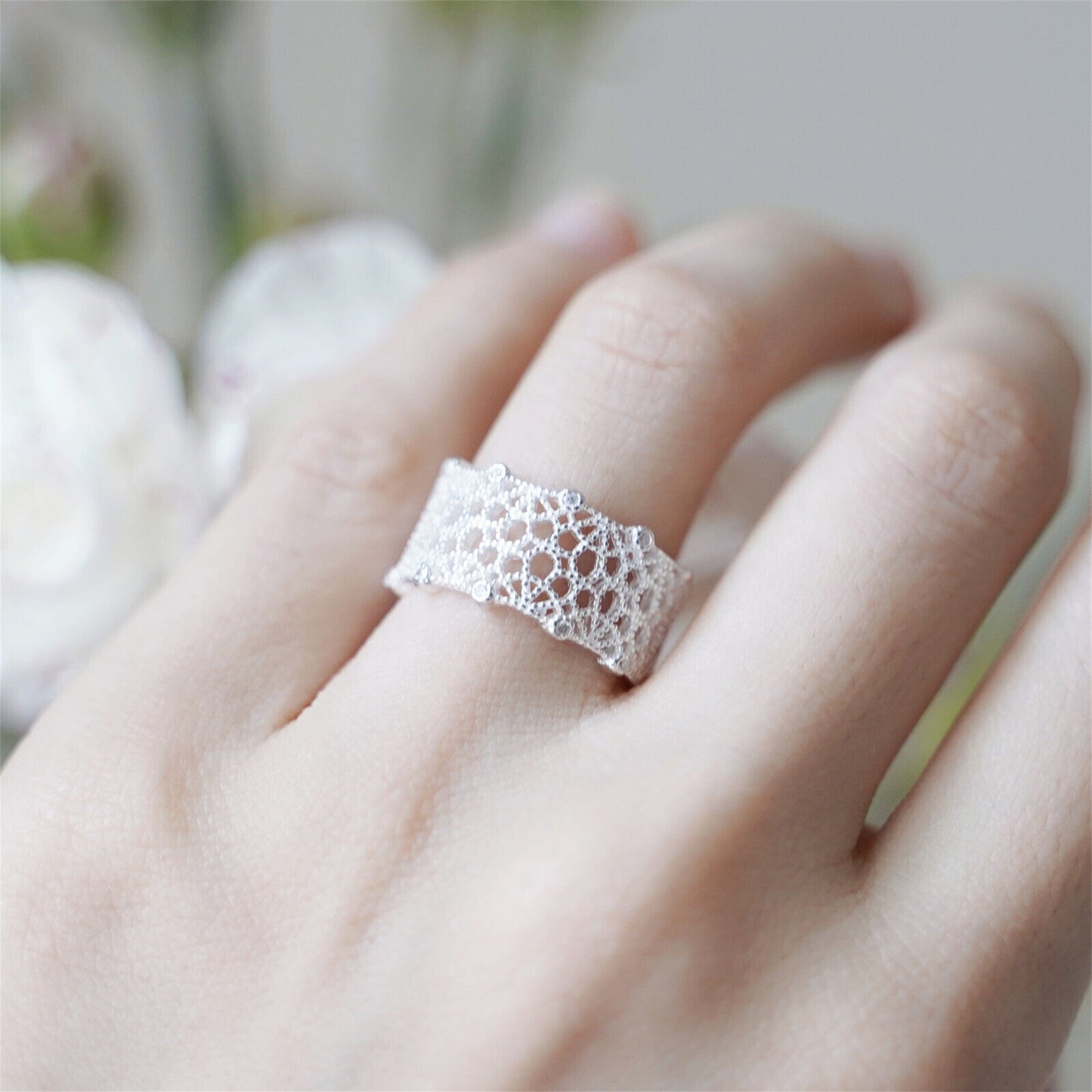 Sterling Silver CZ Filigree Lace Floral Wide Open Band Ring - sugarkittenlondon