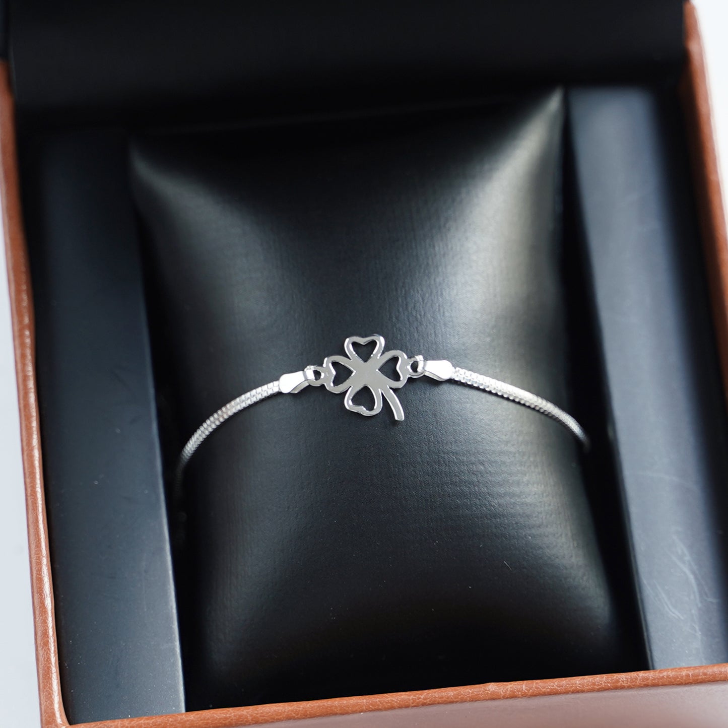 Sterling Silver Lucky Clover Love Hearts Shamrock with Double Box Chain Bracelet