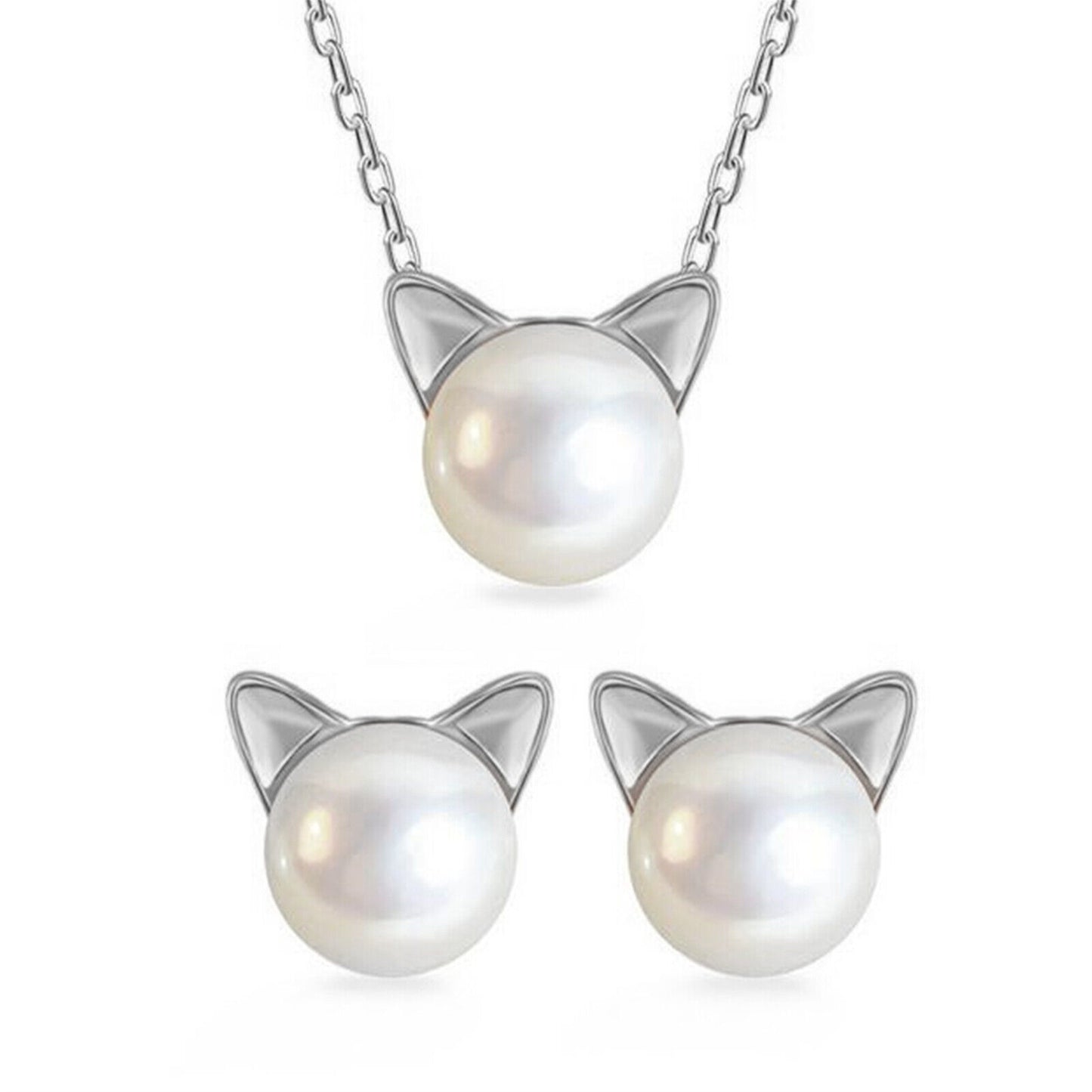 Sterling Silver 7mm Cultured Freshwater Pearl Cat Kitten Stud Earrings Pendant Necklace 3 Tones - sugarkittenlondon