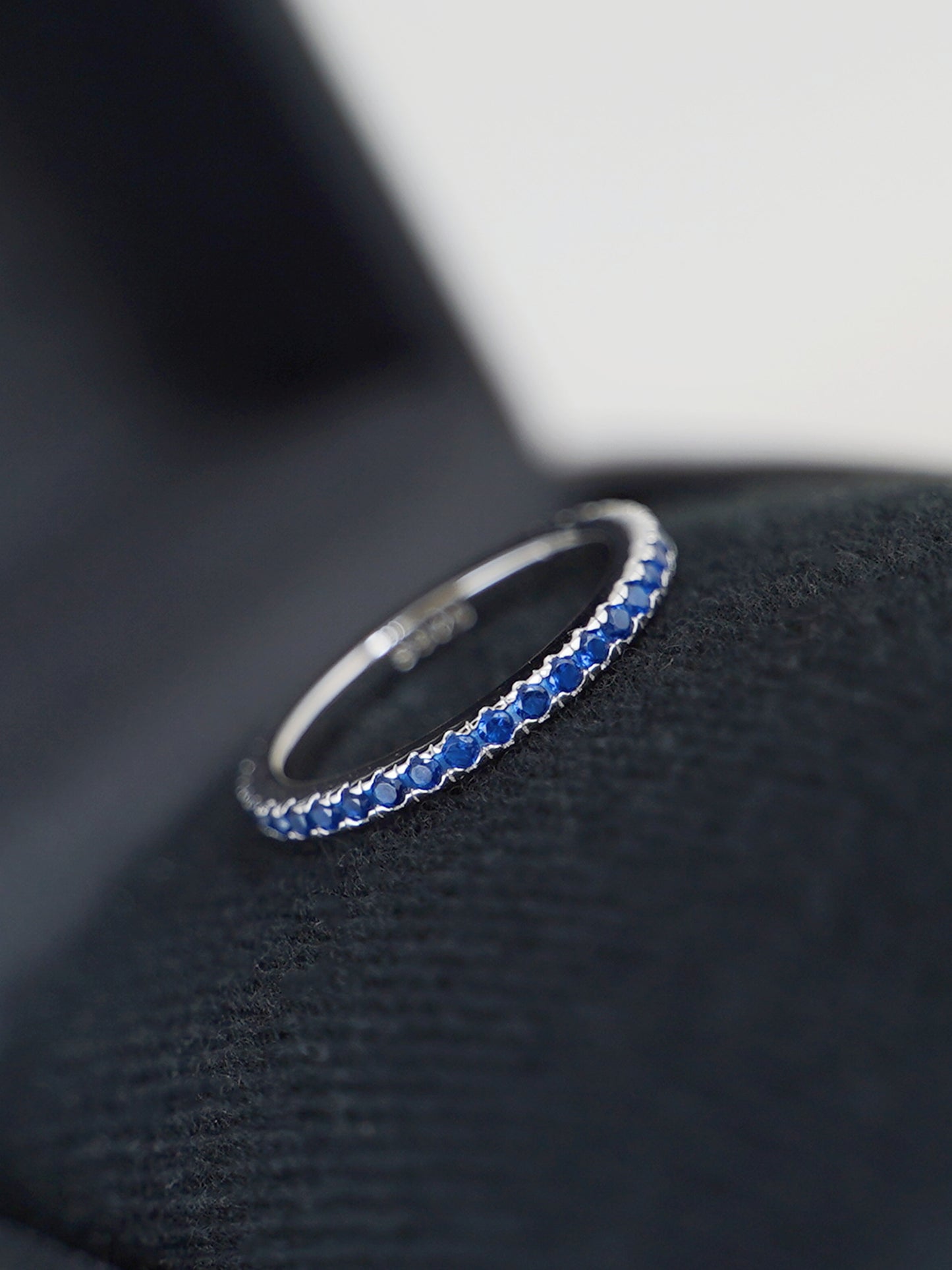 Sterling Silver Full Eternity 2mm Paved CZ Blue Sapphire Stacking Band Ring - sugarkittenlondon
