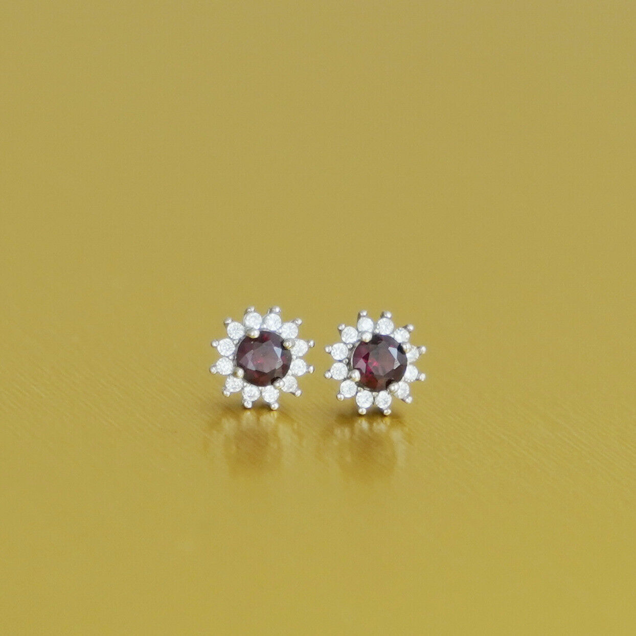 Sterling Silver 4mm Cut Red Pyrope Garnet Colour CZ Round Flower Cluster Stud Earrings