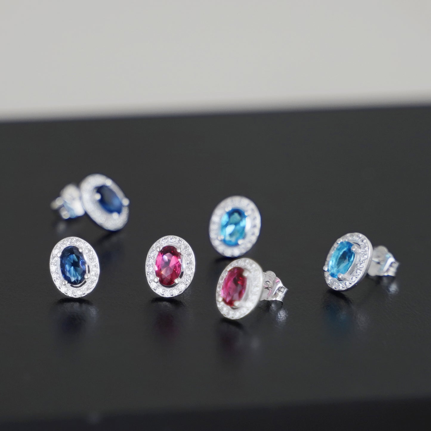 Sterling Silver Halo Earrings Blue Sapphire Red Ruby Light Blue Aquamarine Colour CZ Studs