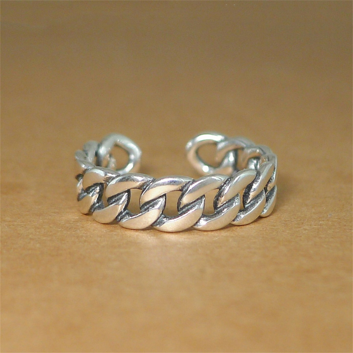 Sterling Sliver Oxidized 6mm Curb Chain Biker Ring Open Band Unisex - sugarkittenlondon