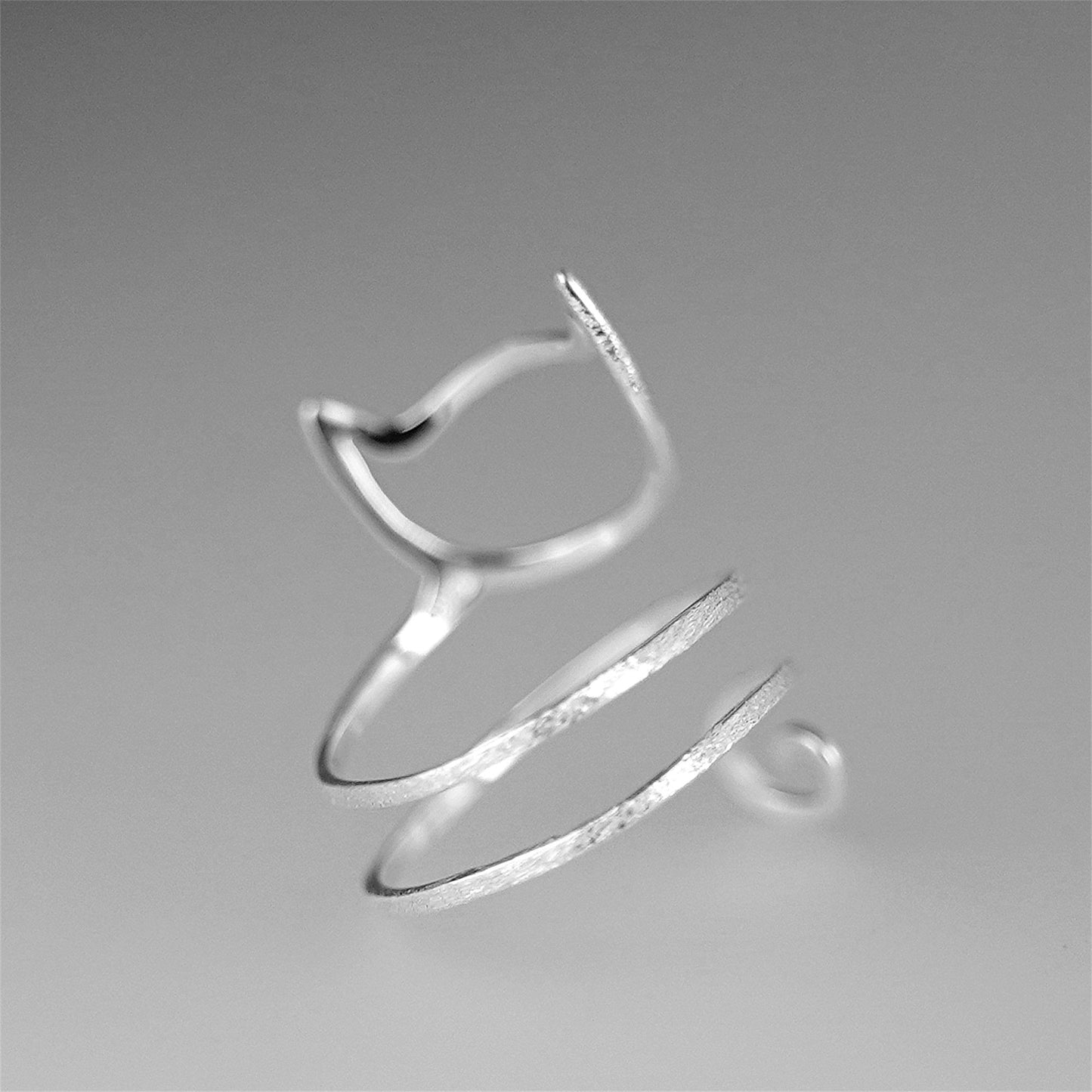 Sterling Silver Hollow Cat Kitten Long Tail Wrap Ring UK Size M Adjustable - sugarkittenlondon