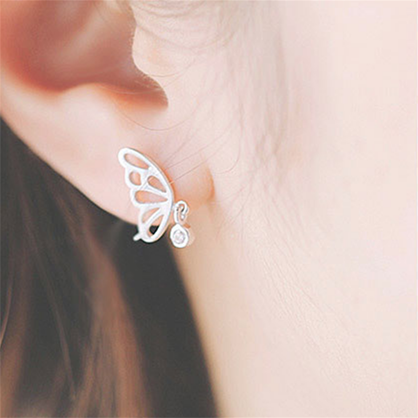 Sterling Silver Hollow Butterfly Wing Bezel CZ Drop Dangle Stud Earrings - sugarkittenlondon