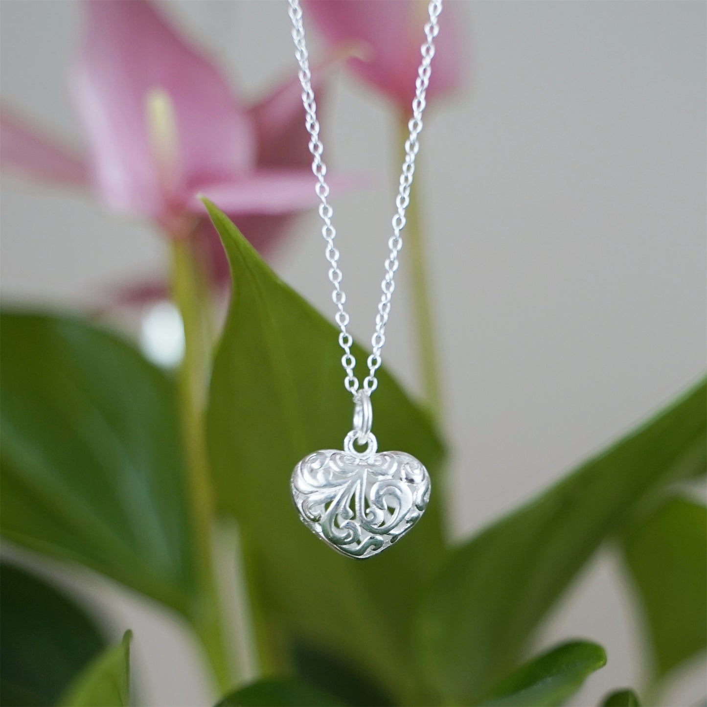 Sterling Silver Filigree Floral Puffy Love Heart Pendant 14 x 12mm - sugarkittenlondon