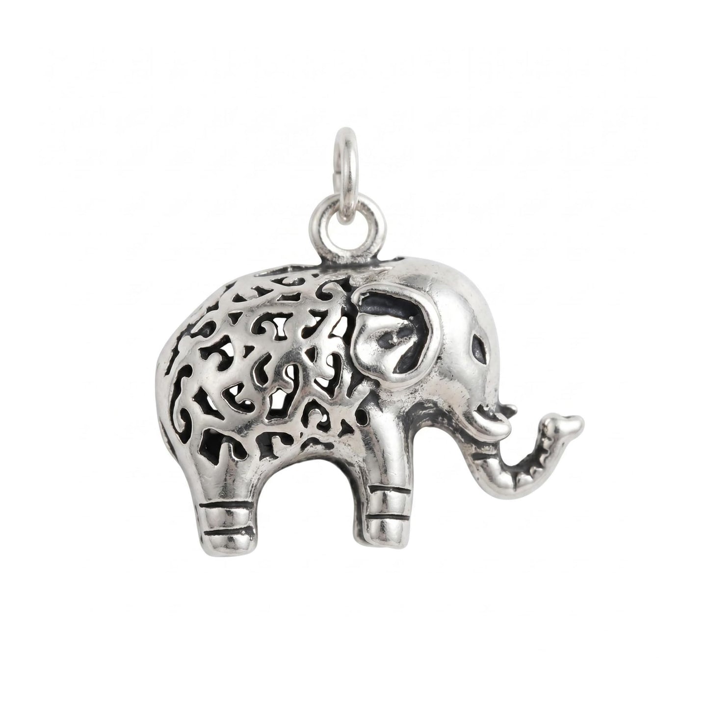 Silver elephant charm with filigree body detail and loop bail at the top.