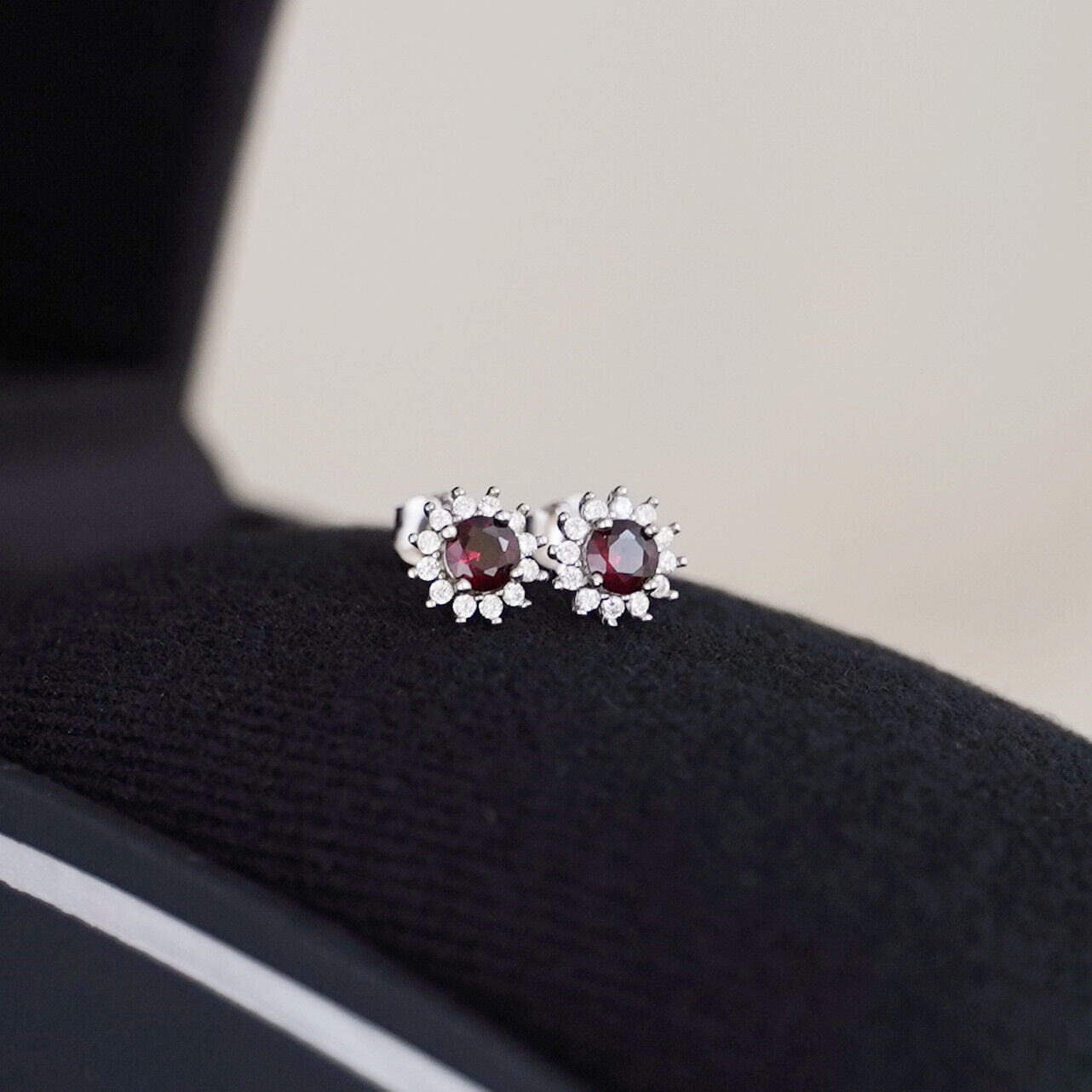 Sterling Silver 4mm Cut Red Pyrope Garnet Colour CZ Round Flower Cluster Stud Earrings