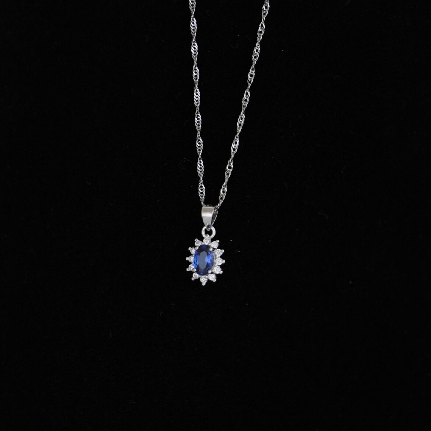Sterling Silver Classic Blue Sapphire Colour Oval CZ Cluster Pendant Necklace - sugarkittenlondon