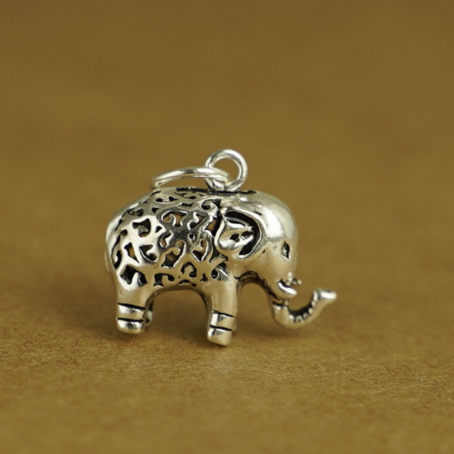 Sterling Silver Filigree 3D Elephant w Raised Trunk Pendant Charm 2 Tones - sugarkittenlondon