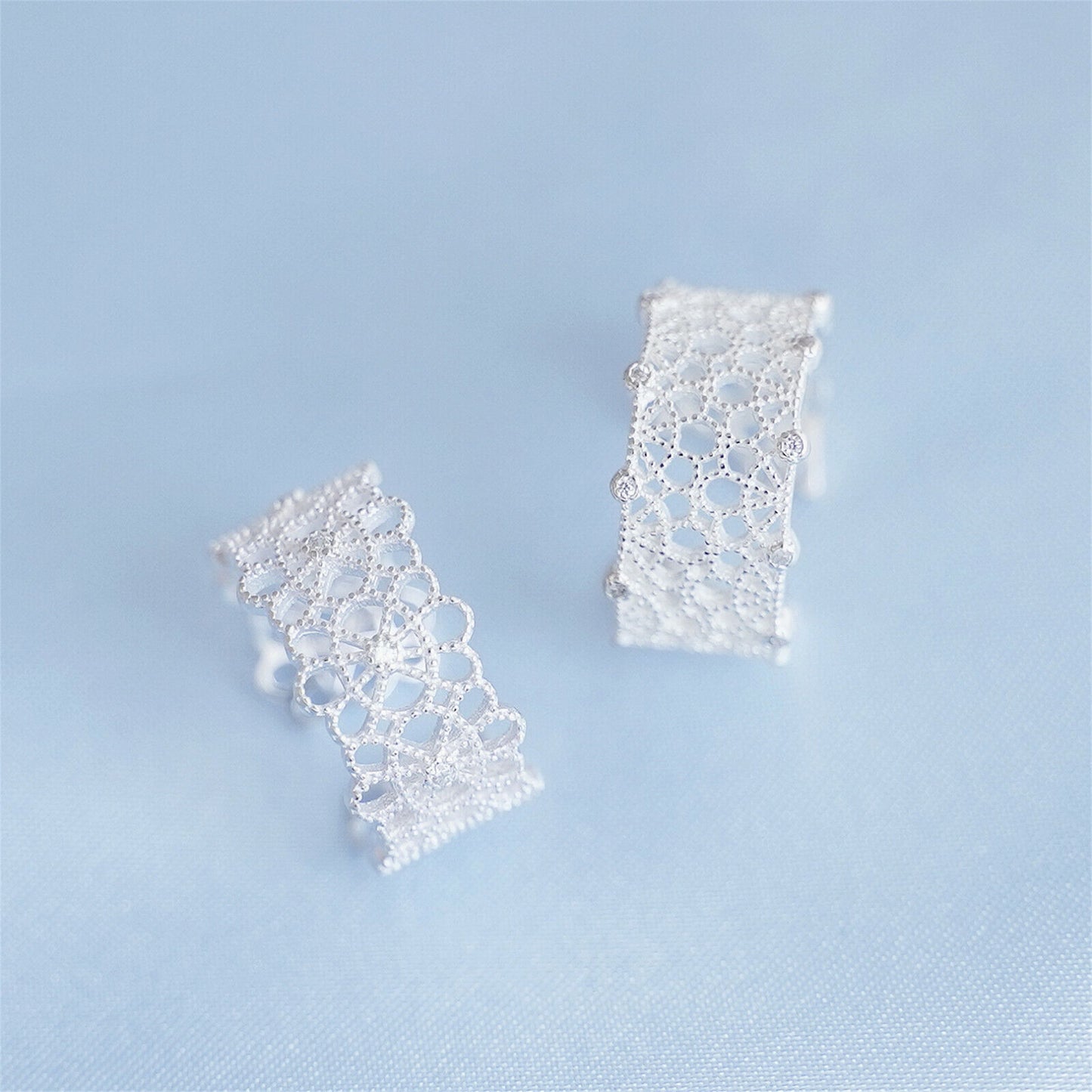 Sterling Silver CZ Filigree Lace Floral Wide Open Band Ring - sugarkittenlondon