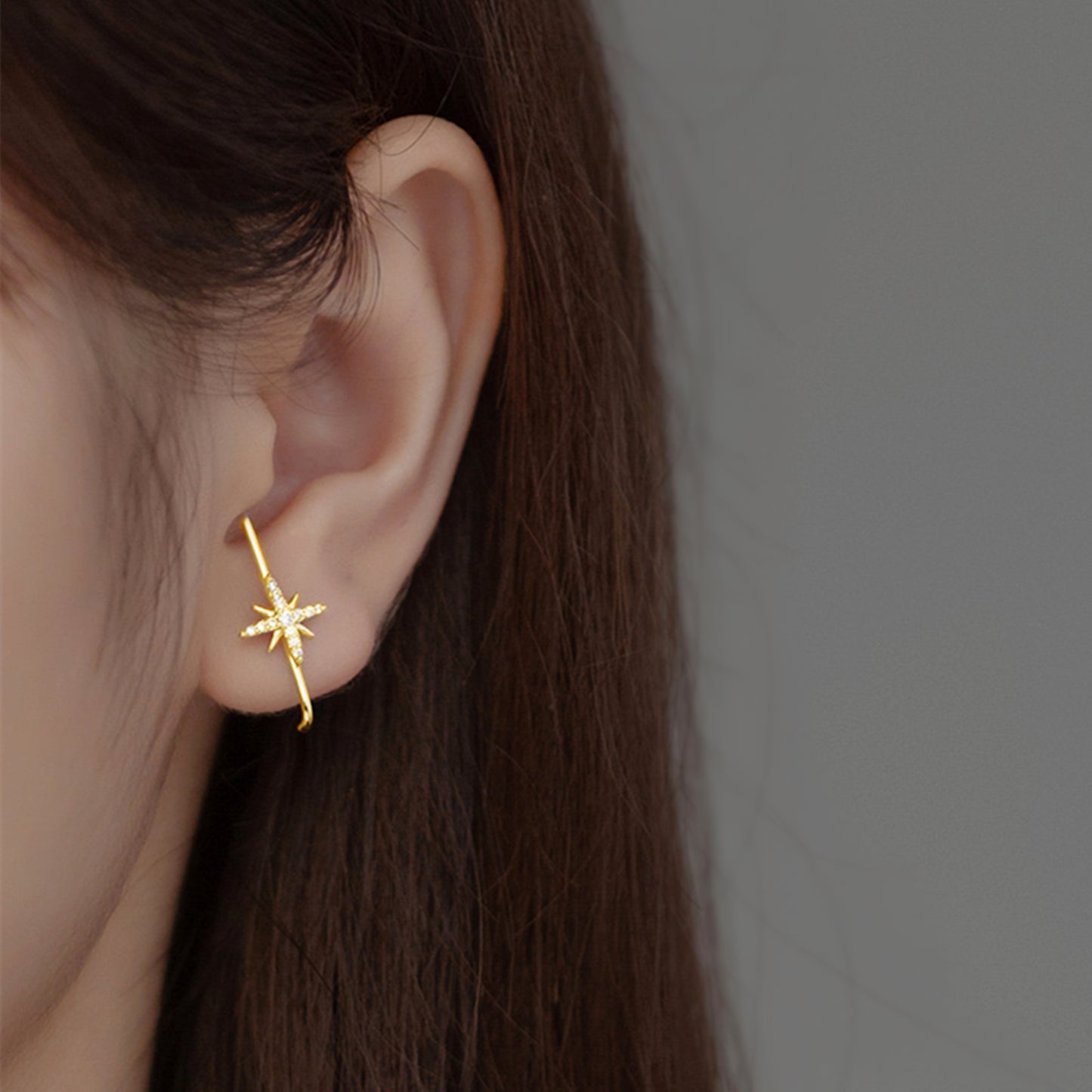 18K Gold on Sterling Silver North Pole Star CZ Suspender Bar Cuff Stud Earrings