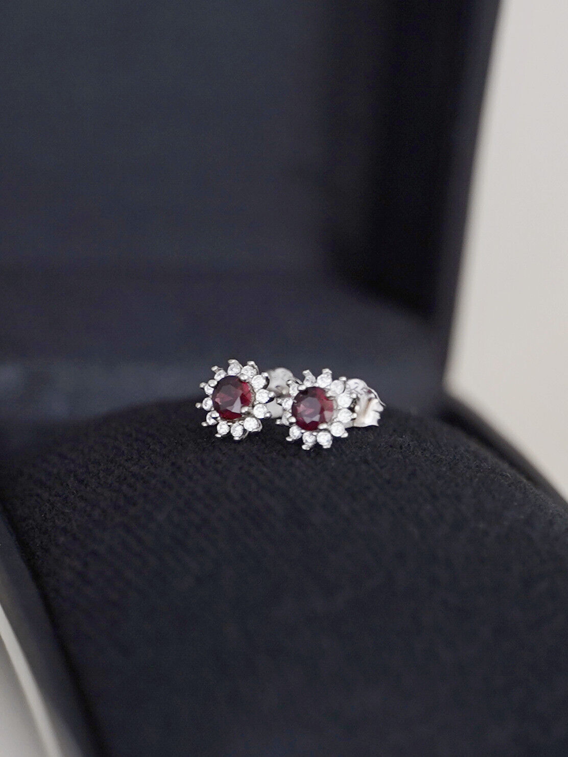 Sterling Silver 4mm Cut Red Pyrope Garnet Colour CZ Round Flower Cluster Stud Earrings