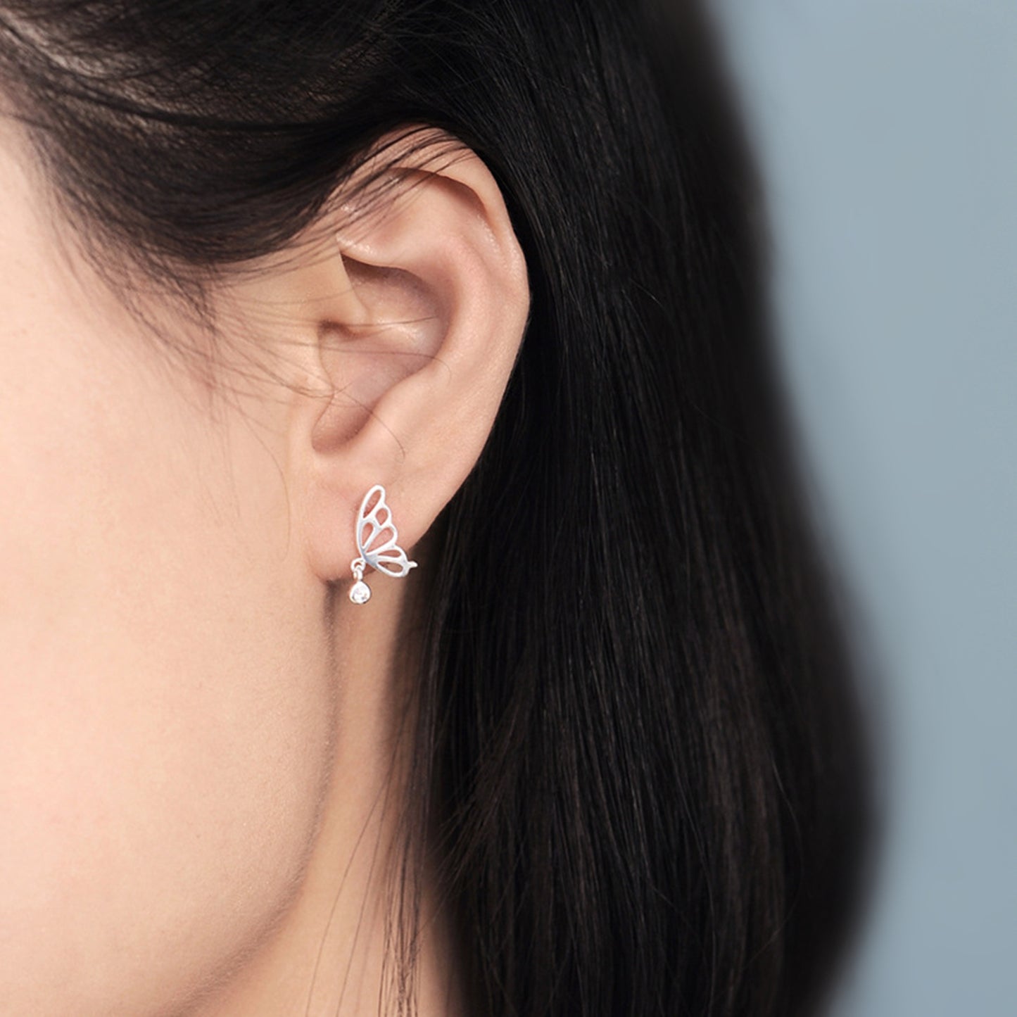 Sterling Silver Hollow Butterfly Wing Bezel CZ Drop Dangle Stud Earrings - sugarkittenlondon