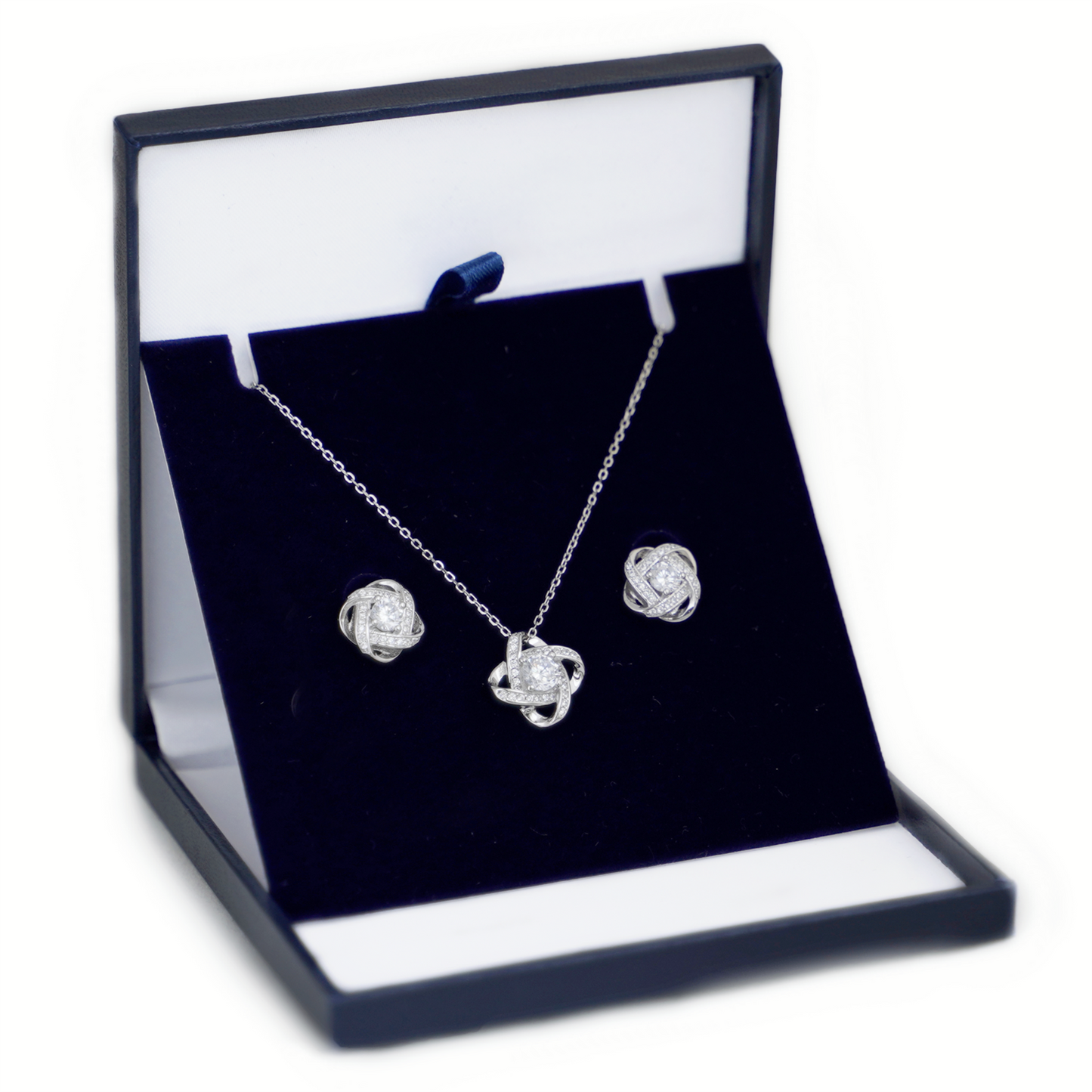 Sterling Silver 14mm Halo CZ Knot Flower Pendant Necklace Rhodium / Rose Gold - sugarkittenlondon