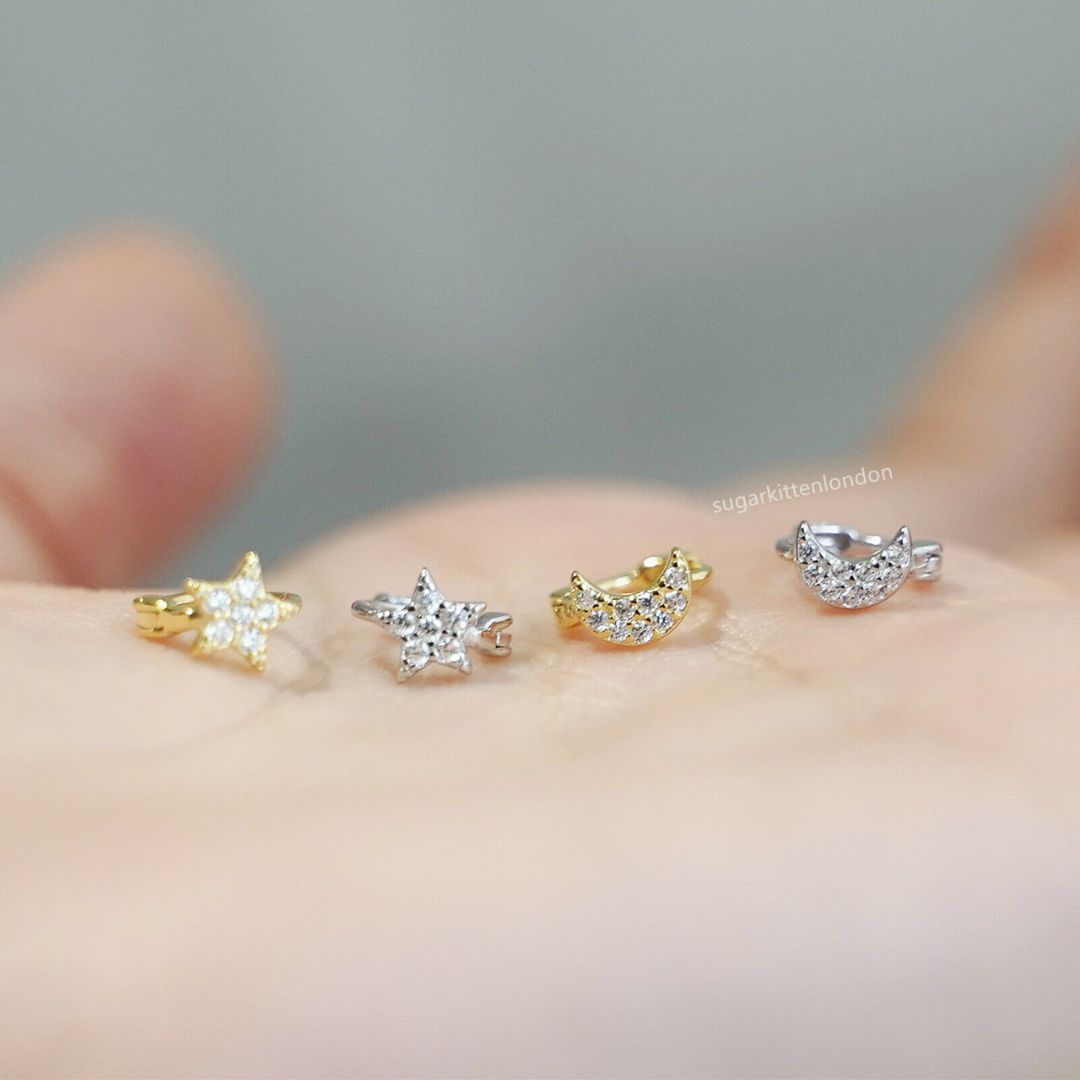 Sterling Silver Mini 6mm Hoop Shiny CZ Star Moon Huggie Hinged Earrings - sugarkittenlondon