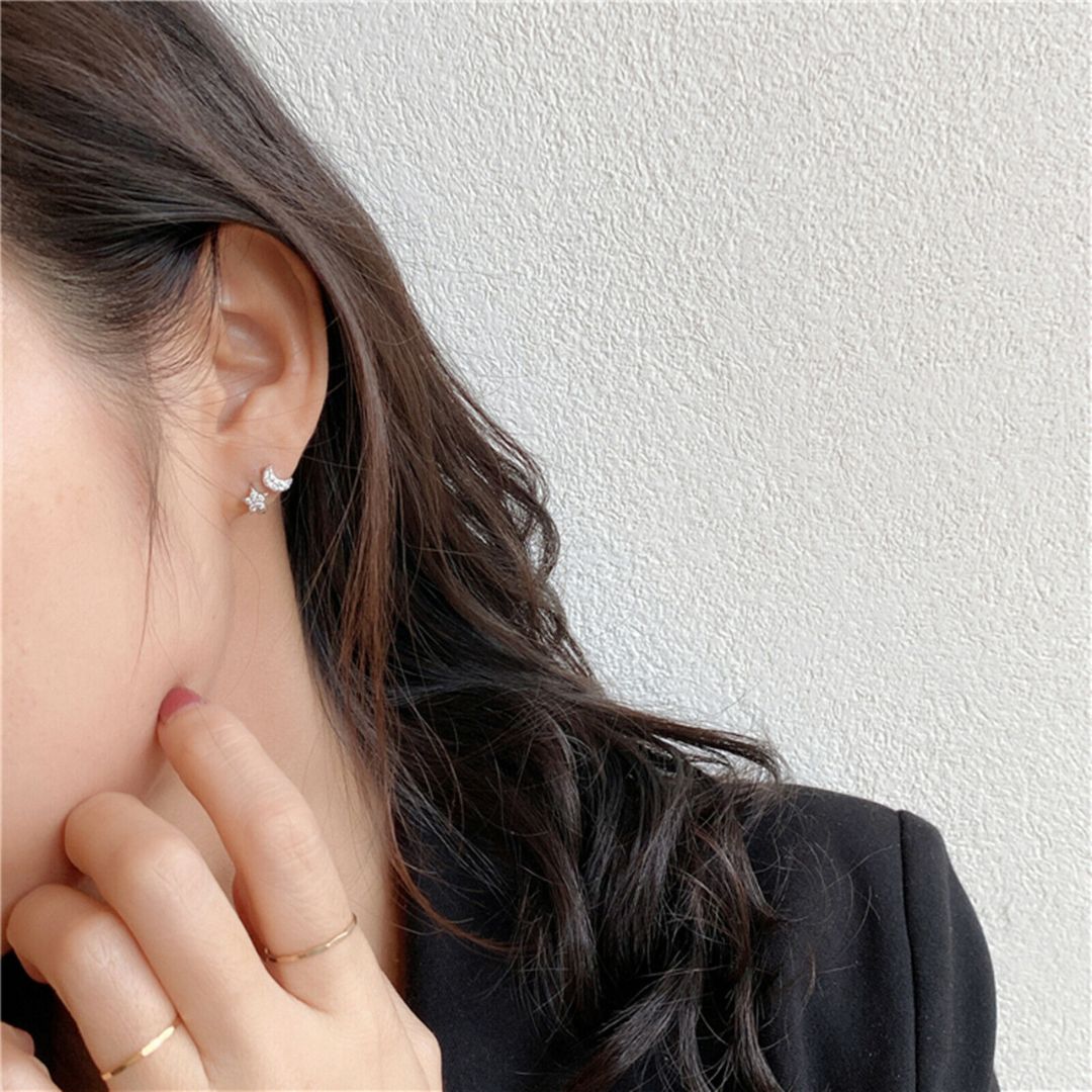 Sterling Silver Mini 6mm Hoop Shiny CZ Star Moon Huggie Hinged Earrings - sugarkittenlondon