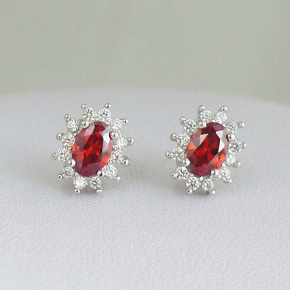 Ruby Halo CZ Red garnet yam Sterling silver earrings silver studs jewellery box - sugarkittenlondon