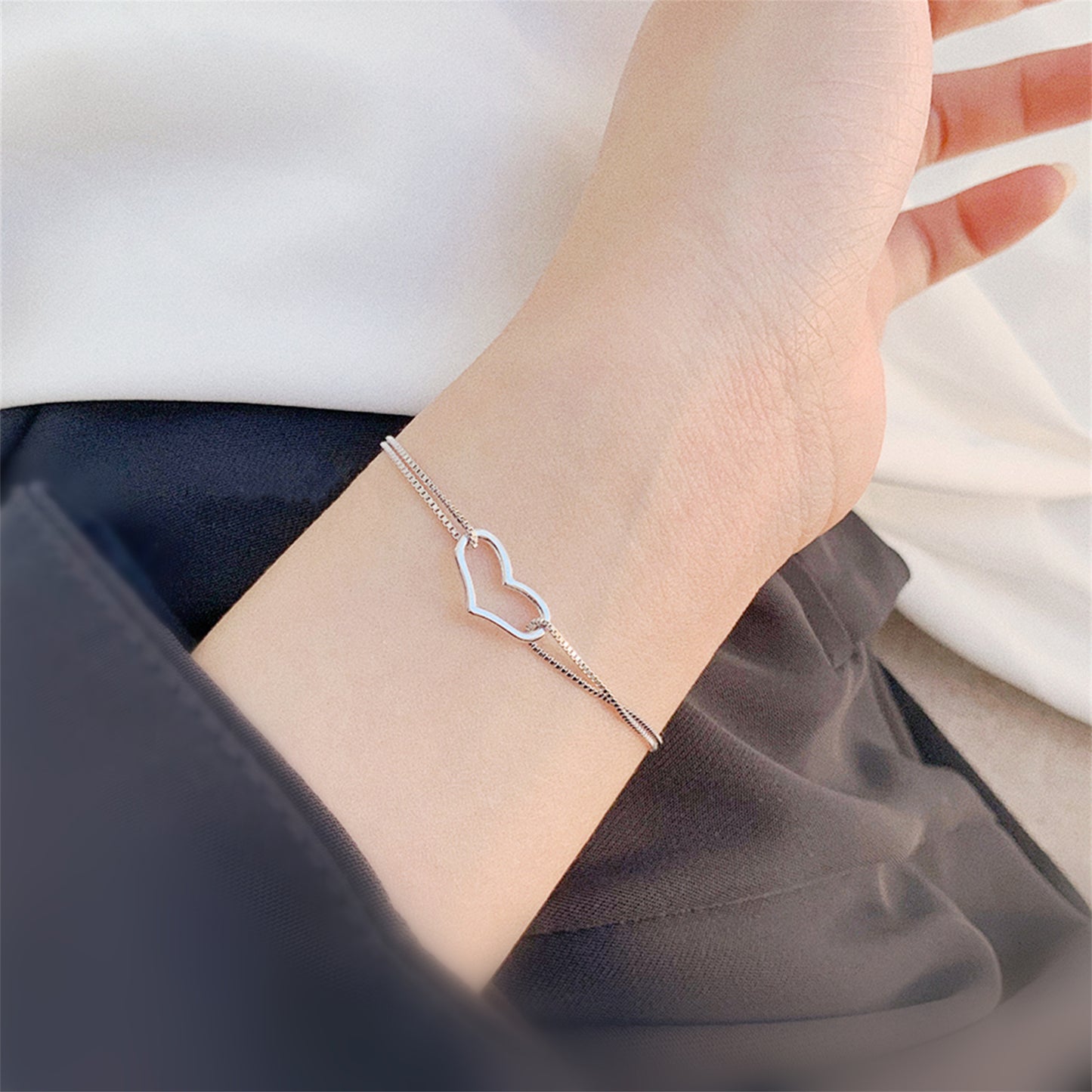 Rhodium on Sterling Silver Floating Love Heart Bracelet with Double Box Chain