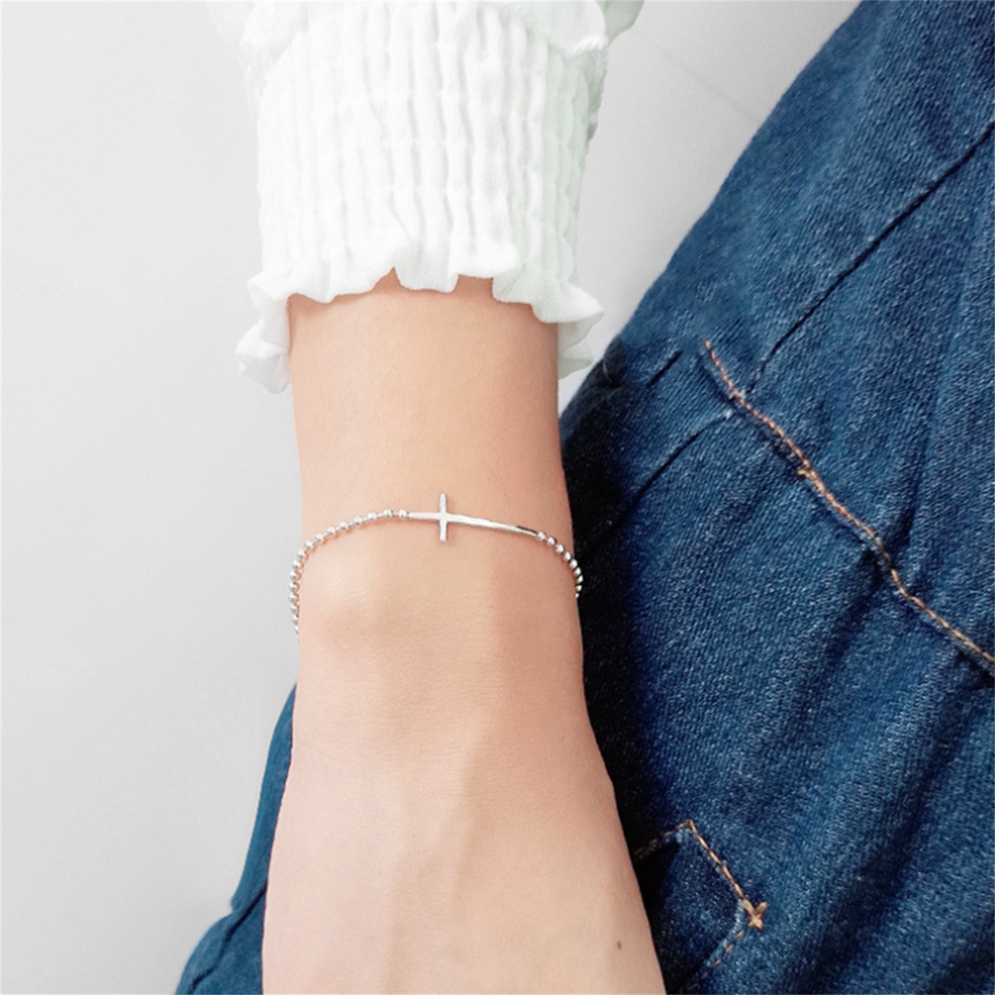 Rhodium on Sterling Silver Sideways Cross Horizontal Bead Ball Chain Bracelet